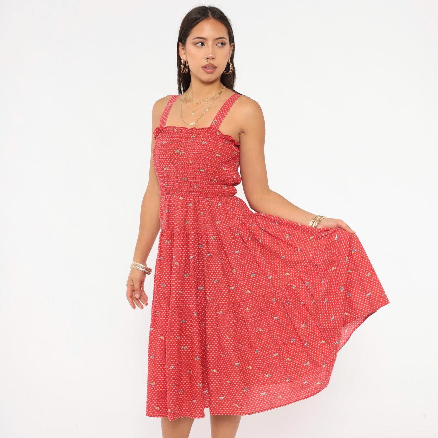 70s Red Sailboat Print Sundress Smocked Bodice Cotton Knee Length Medium M