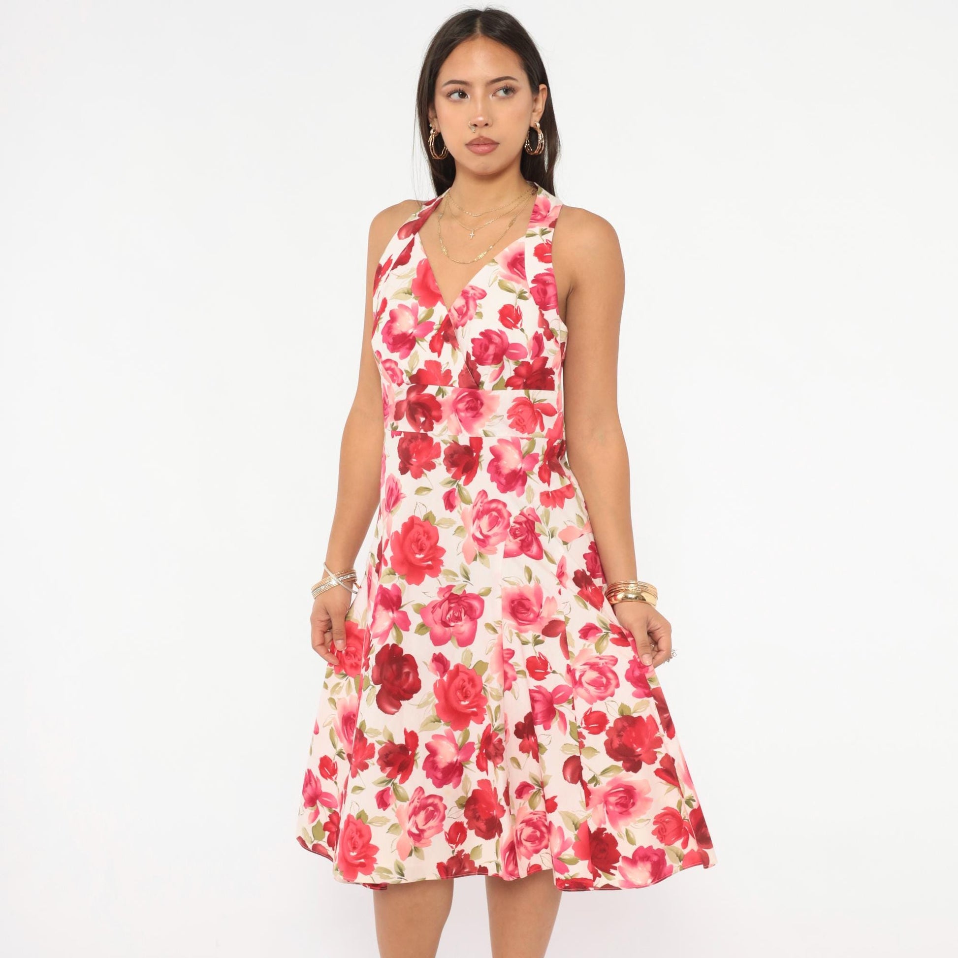 Y2K Talbots Rose Floral Halter Dress Cream Pink Red Knee-Length Medium M