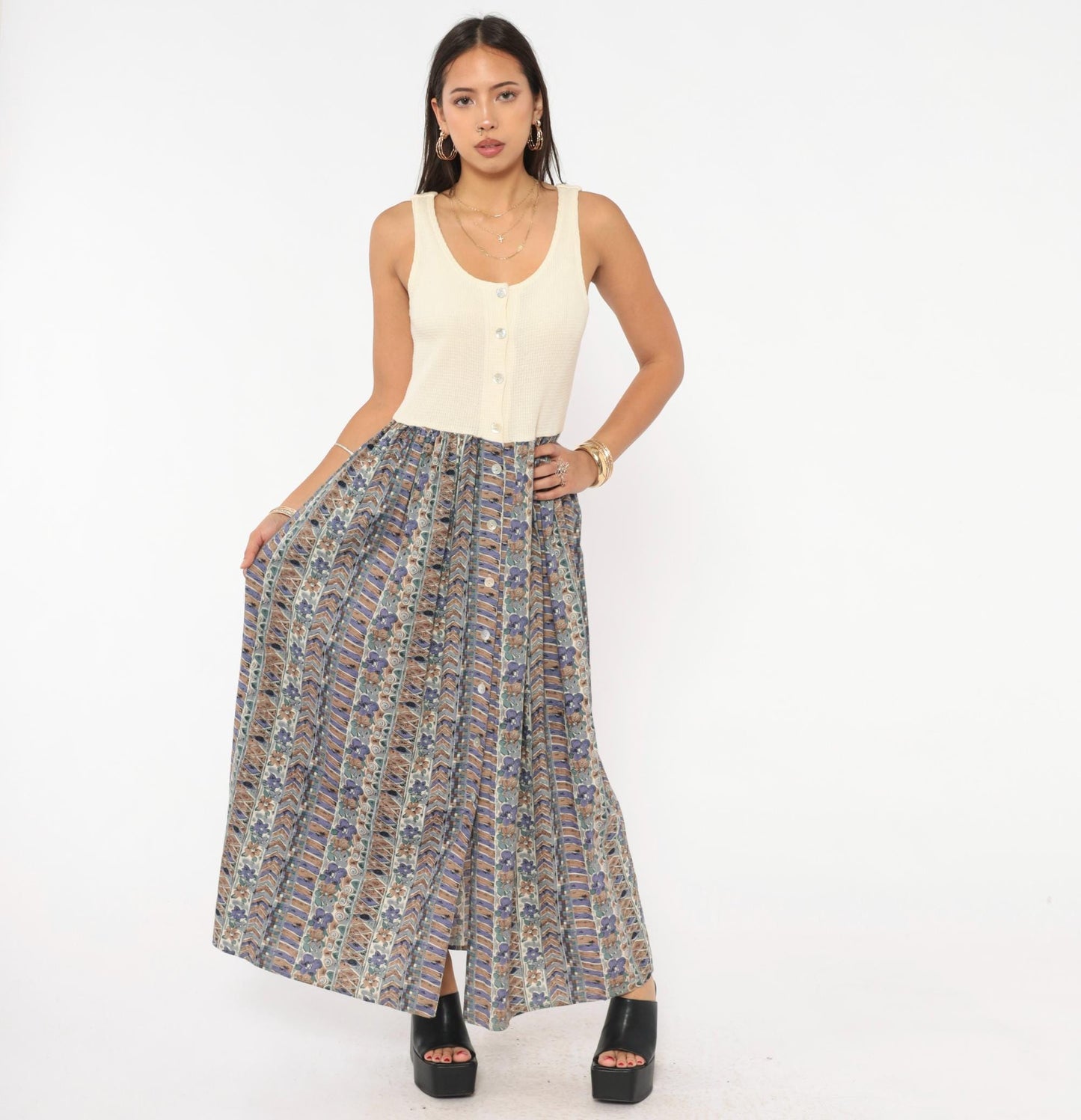 90s Ultimate Blues Maxi Dress Cream Waffle Knit Floral Skirt Medium