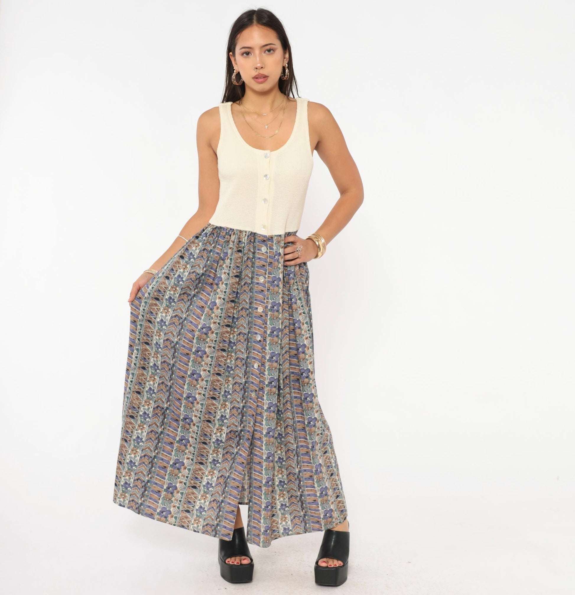 90s Ultimate Blues Maxi Dress Cream Waffle Knit Floral Skirt Medium