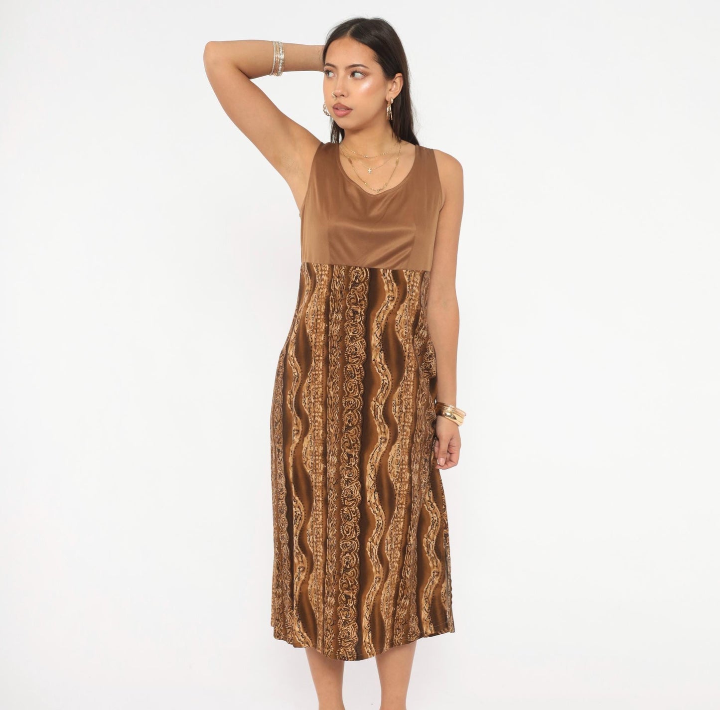 90s Molly Malloy Midi Dress Brown Tan Tribal Print Empire Waist Small