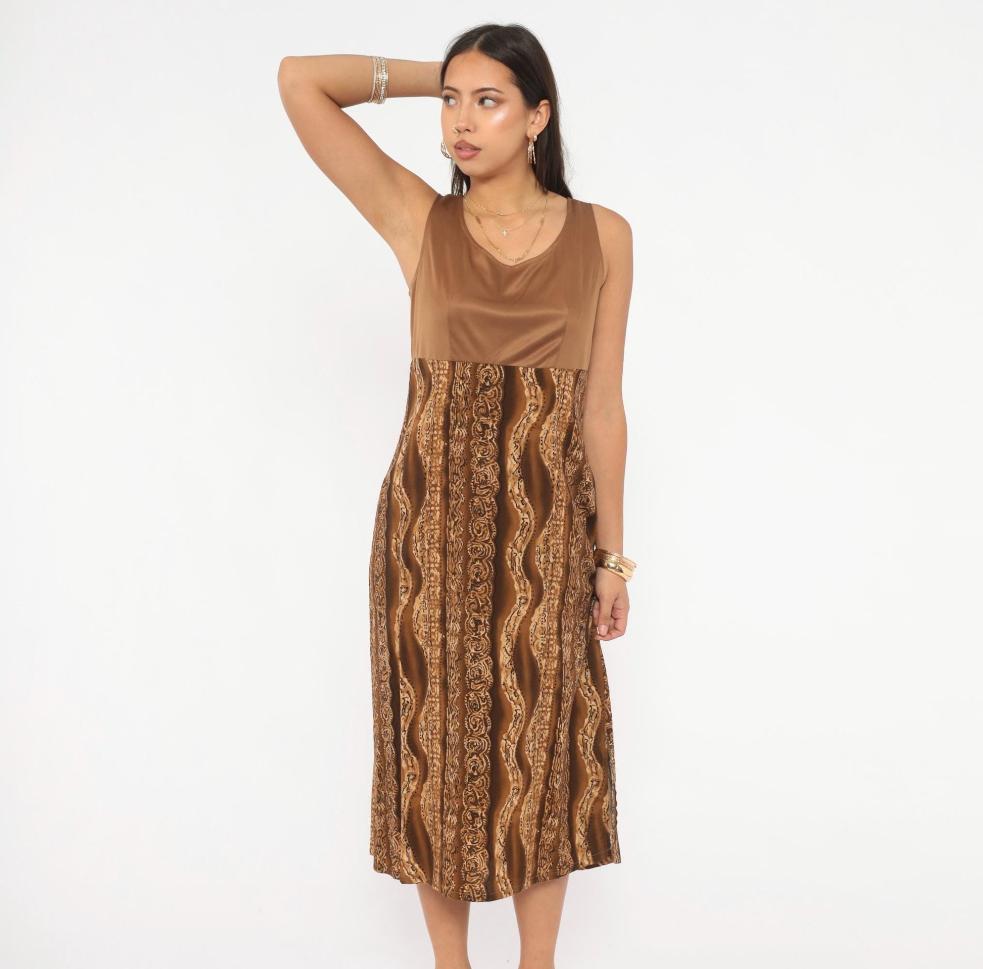 90s Molly Malloy Midi Dress Brown Tan Tribal Print Empire Waist Small