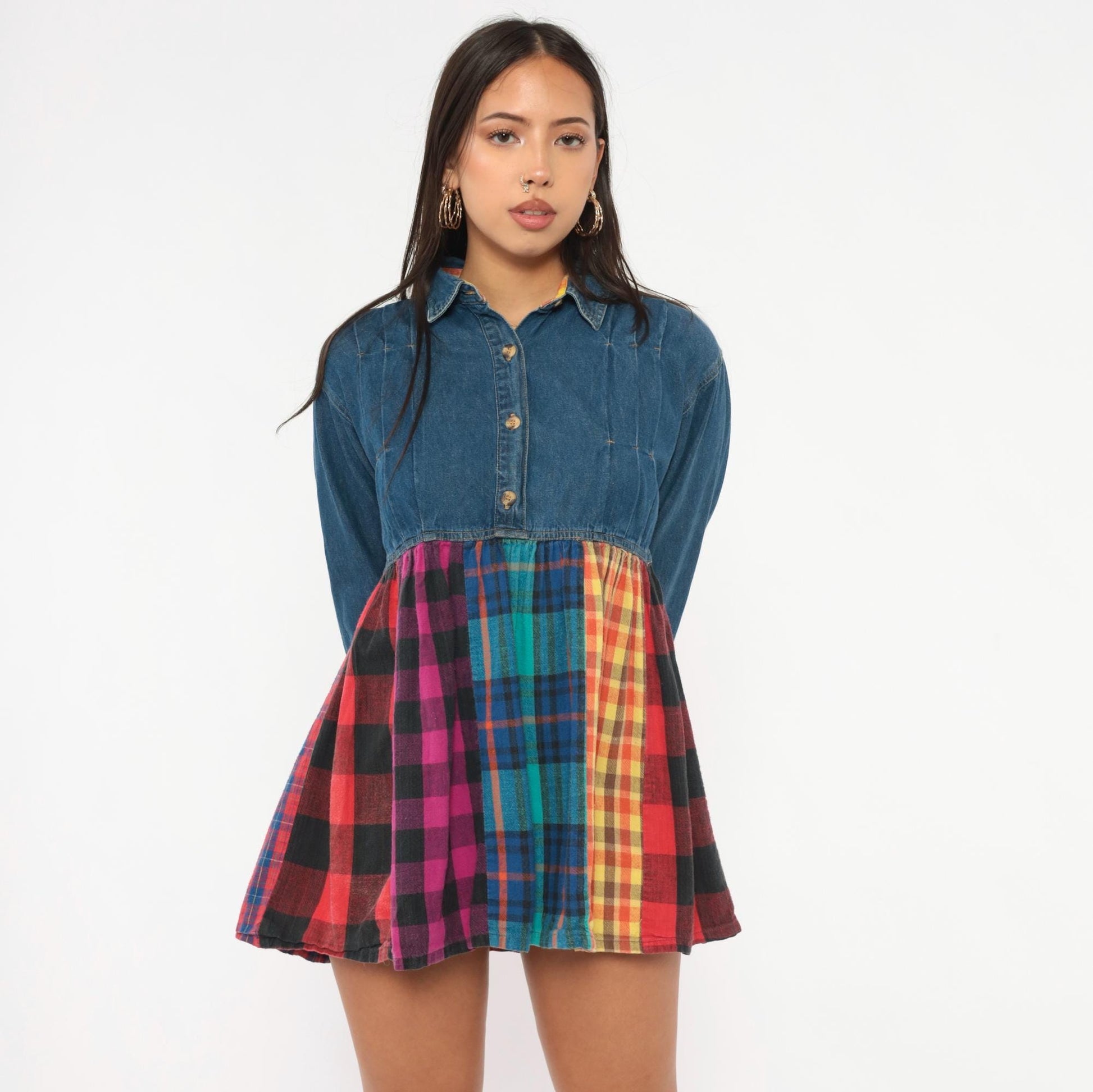 90s American Pop Denim Babydoll Mini Dress Patchwork Plaid Multicolor Extra Small