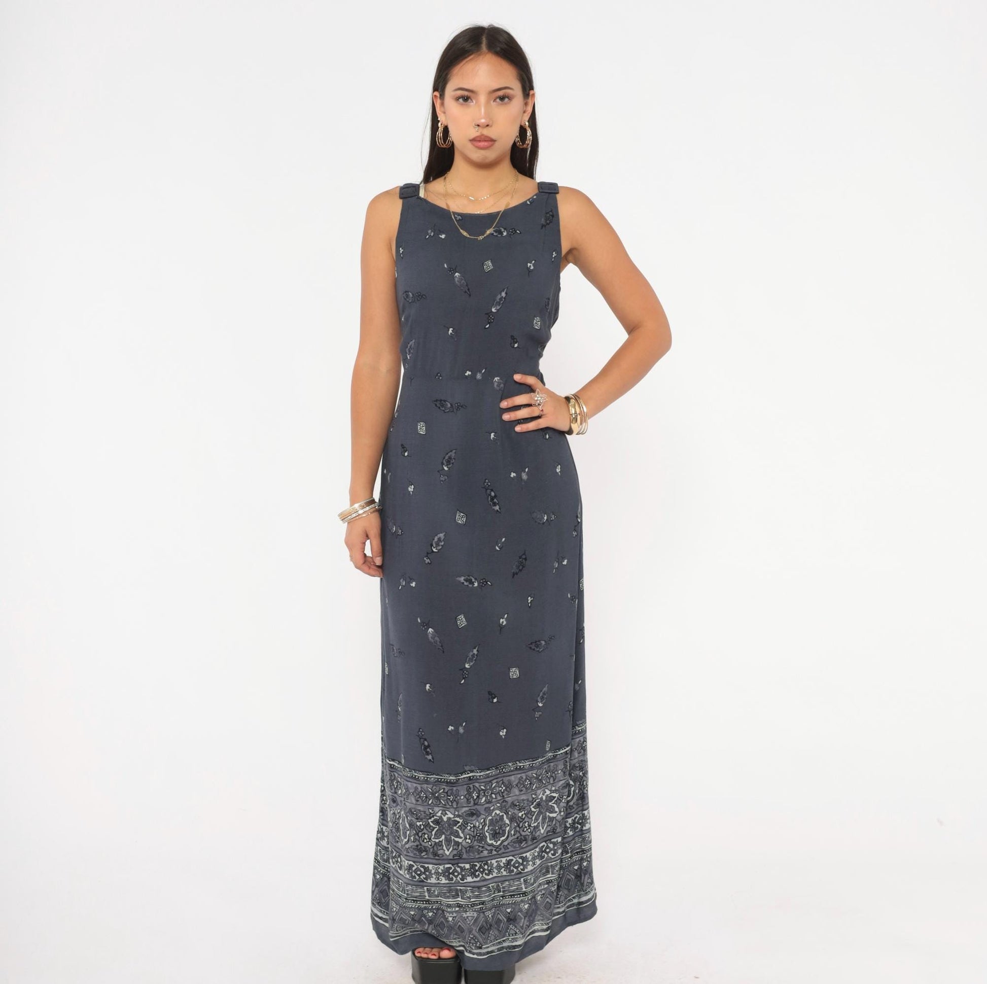 90s CDC Grey Floral Maxi Dress Tie Back Tank Small S