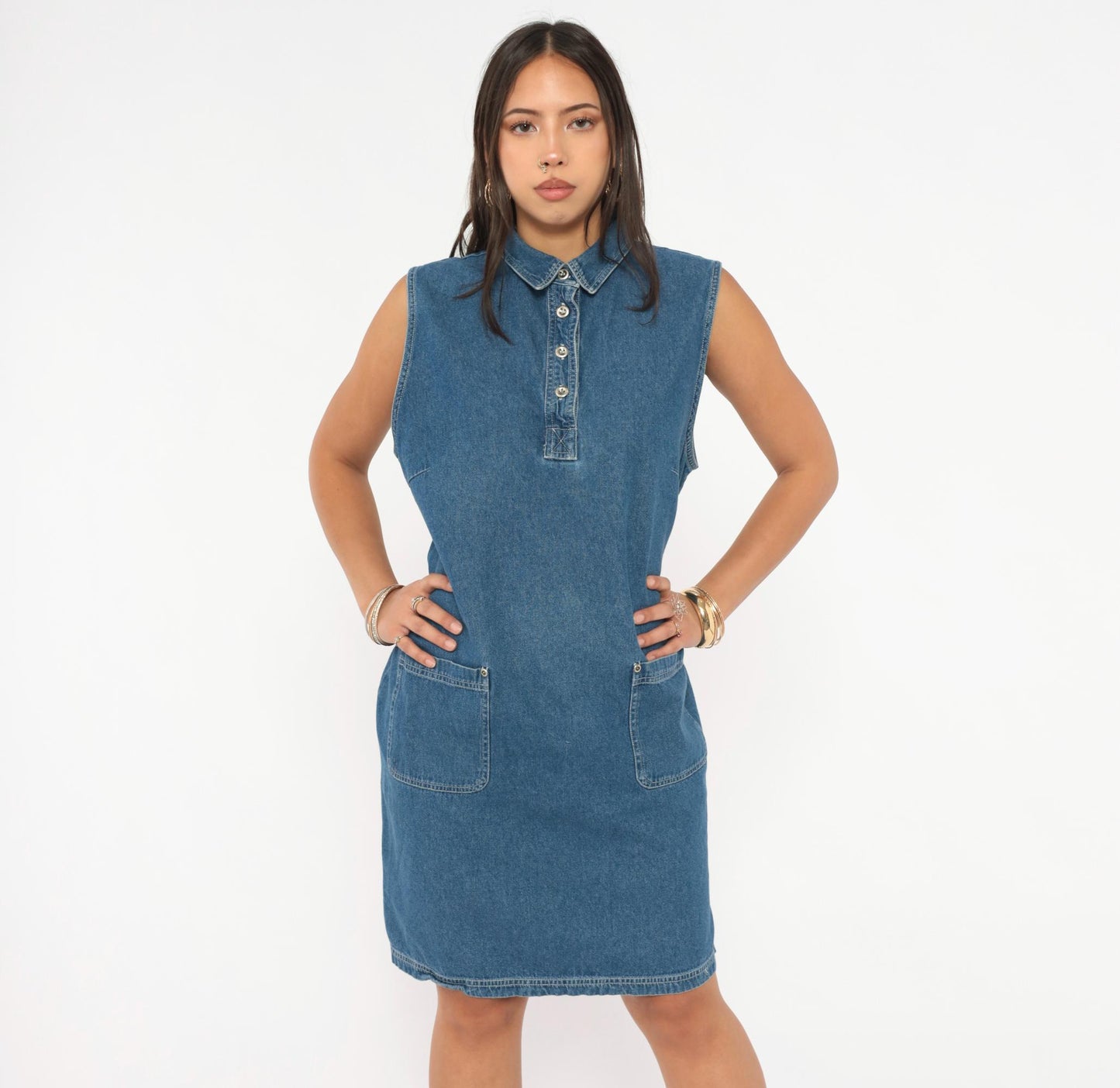 90s Denim Shift Dress Sleeveless Button Front Blue Jean Medium Large