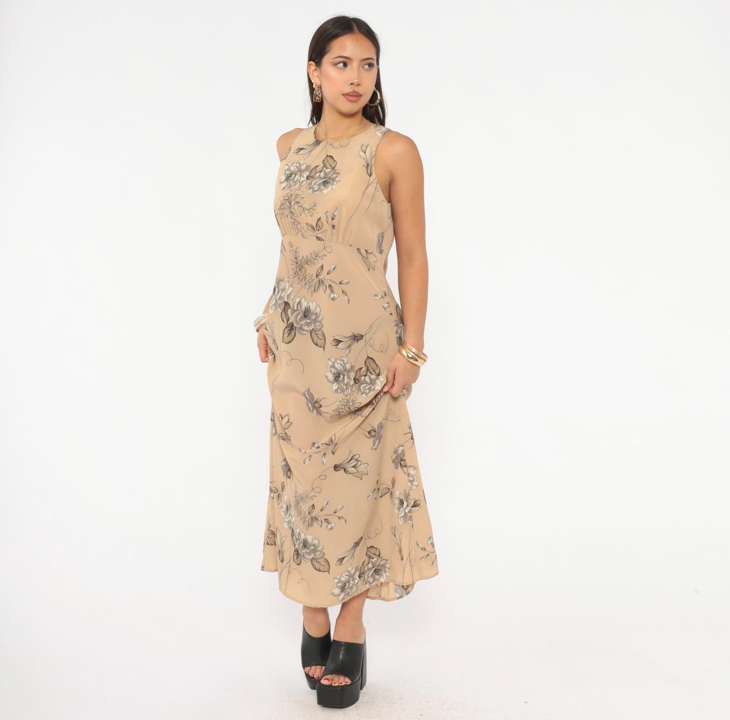 90s Byer Too! Floral Maxi Dress Beige Taupe Sleeveless Medium M