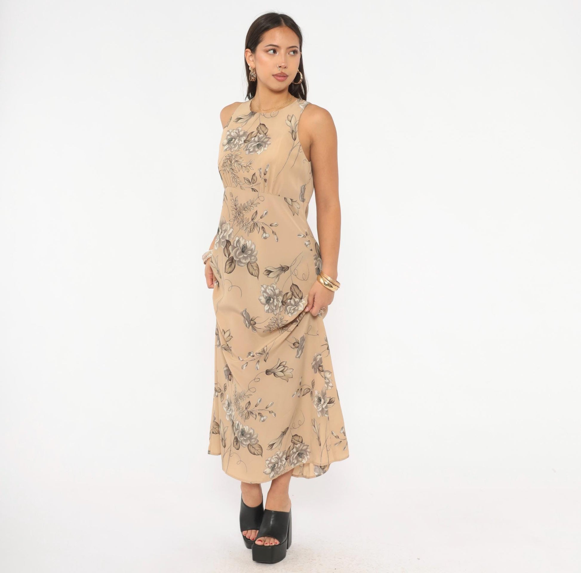 90s Byer Too! Floral Maxi Dress Beige Taupe Sleeveless Medium M