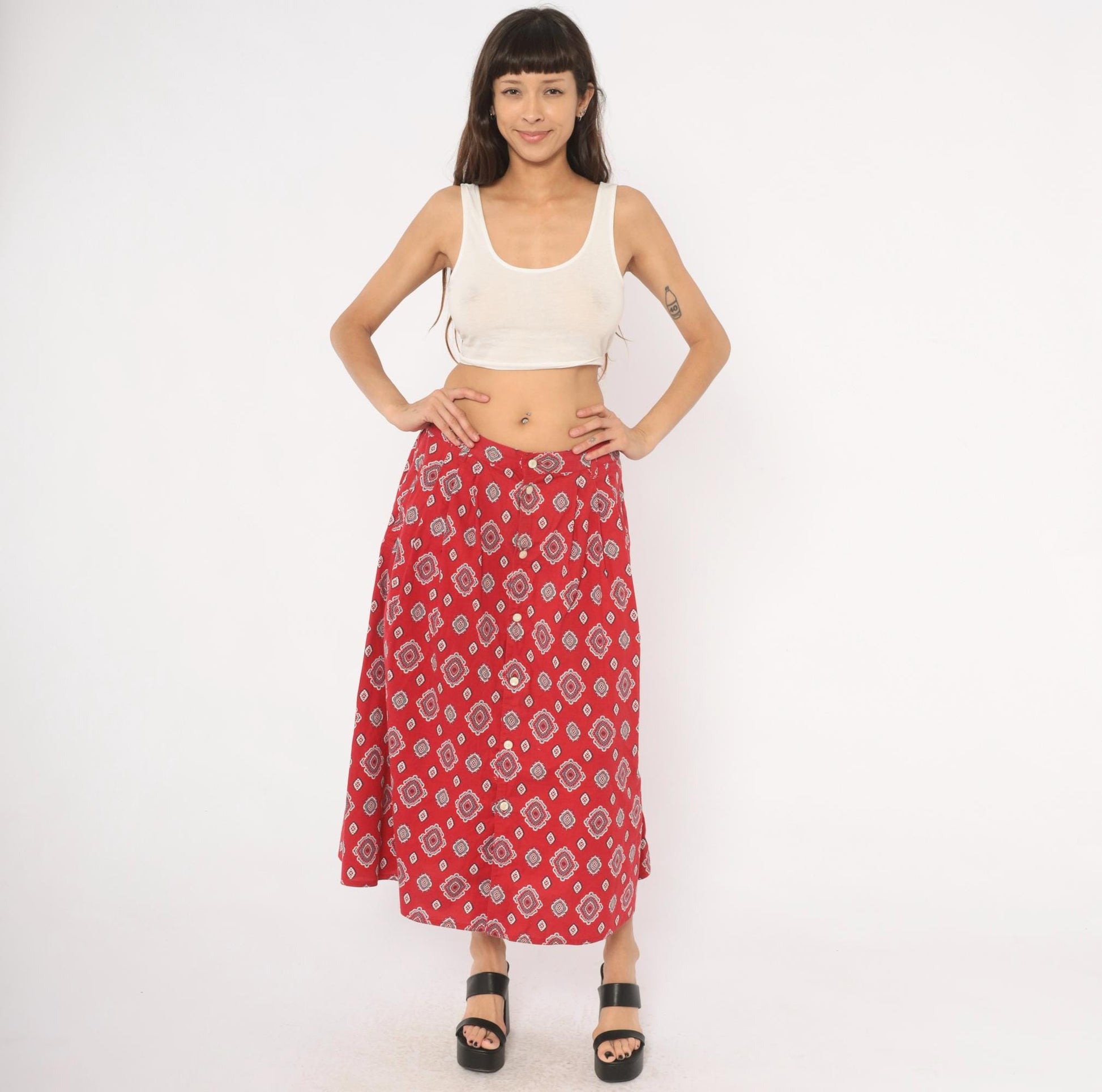90s Liz Wear Southwestern Midi Skirt Red Medallion Print Cotton Large L