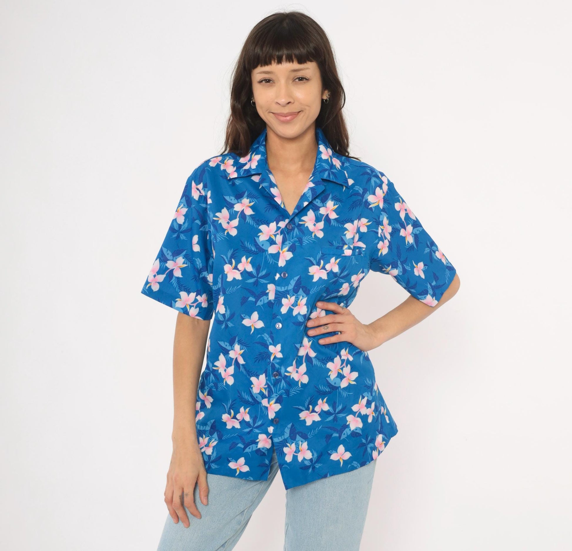 90s Hilo Hatties Hawaiian Shirt Blue Plumeria Floral Camp Collar Medium M