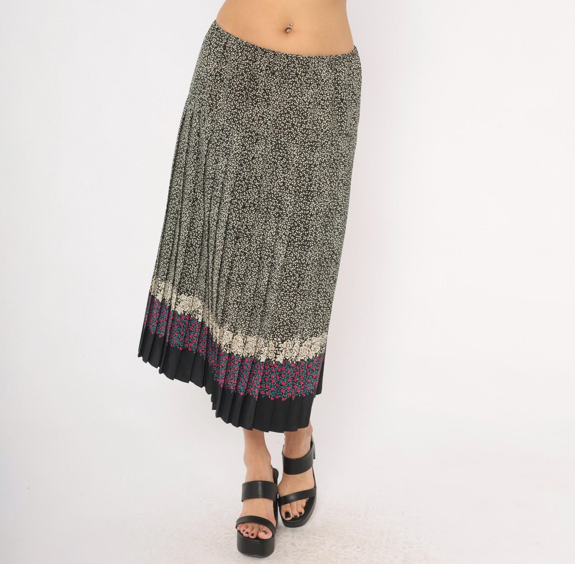 80s Floral Border Midi Skirt Black Cream Rose Pink Teal Pleated Medium Large