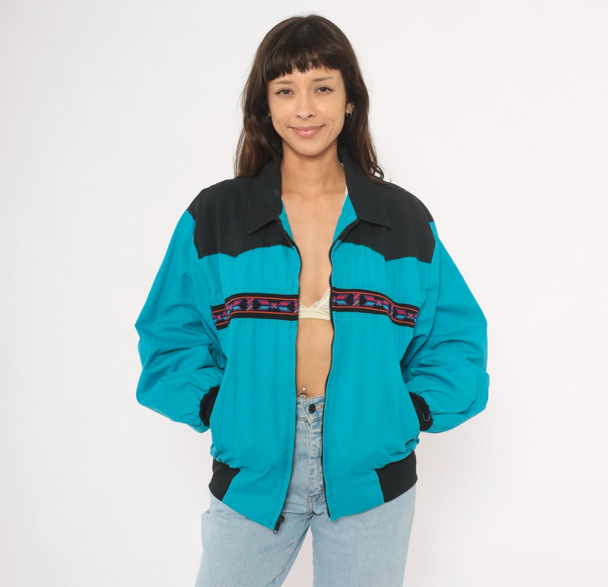 90s Santa Fe Trail Southwestern Bomber Jacket Teal Black Western Yoke Medium