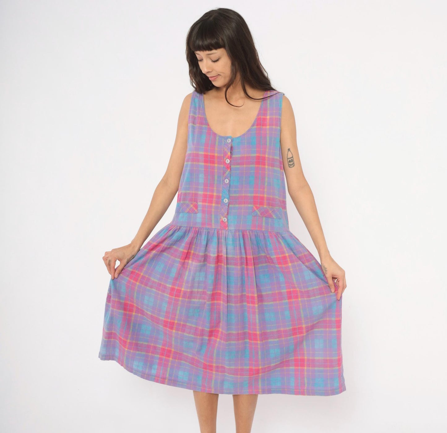 90s Victoria Plaid Cotton Midi Sundress Purple Pink Blue Large L
