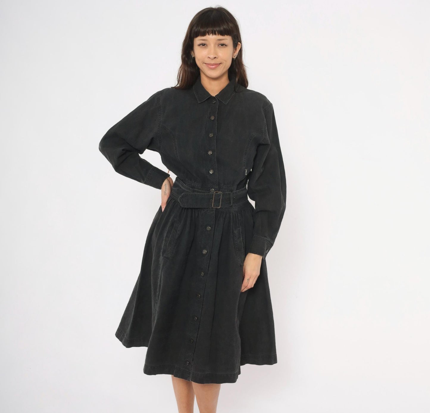 90s Gitano Black Denim Shirtdress Belted A-Line Gathered Skirt Medium M