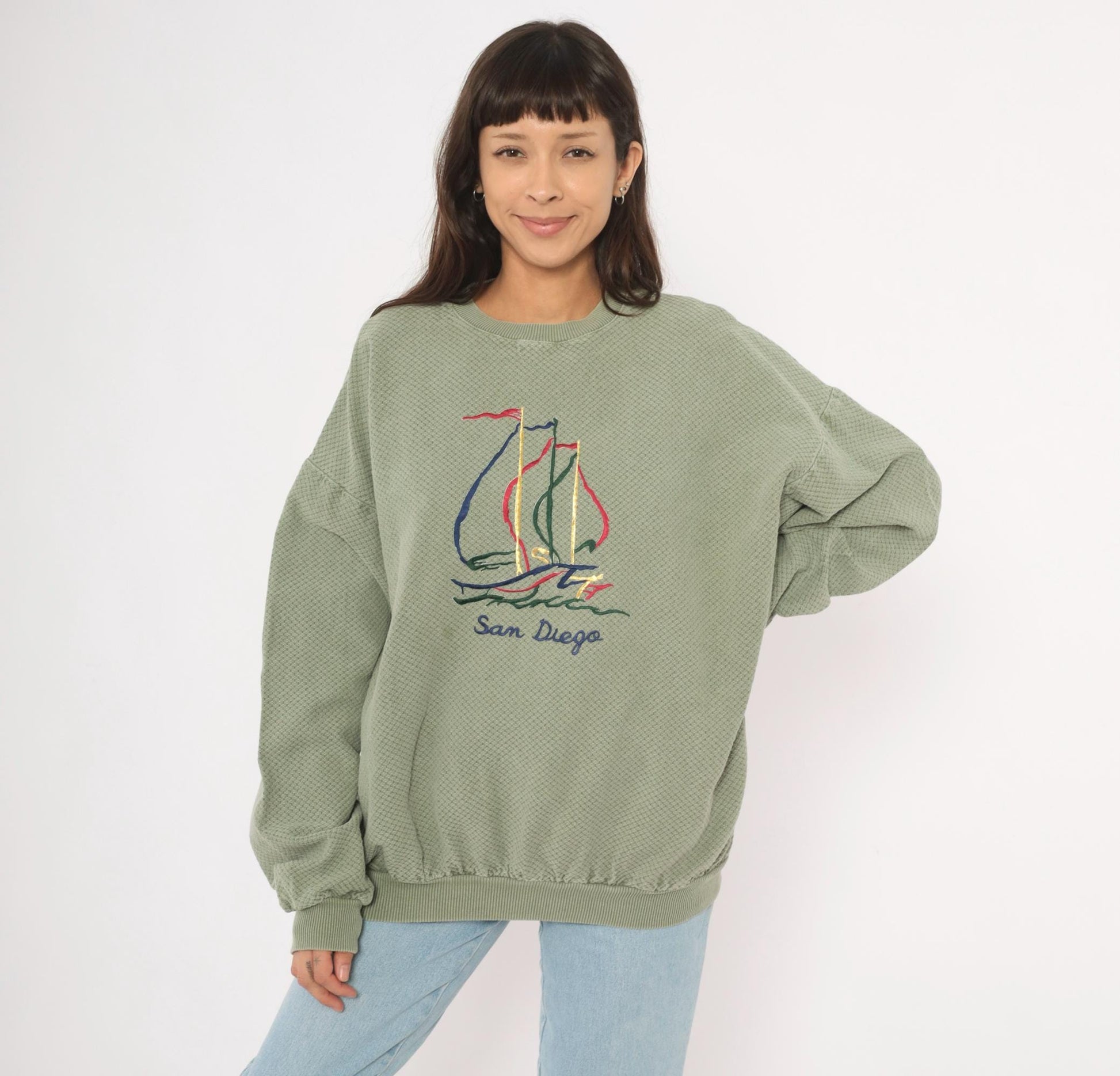90s San Diego Sailboat Embroidered Waffle Knit Sweatshirt Olive Large L