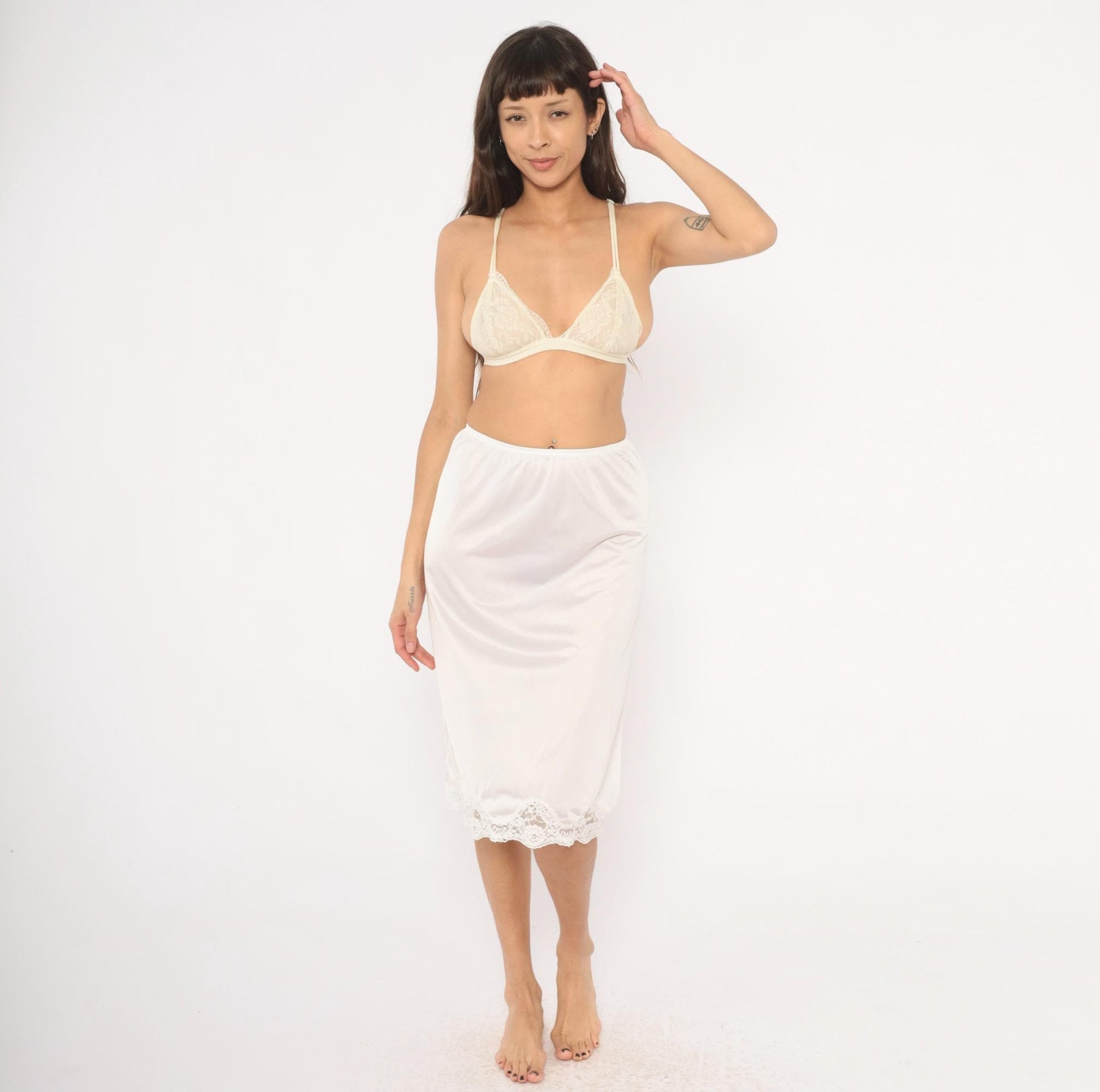80s Adonna White Nylon Half Slip Knee-Length Lace Trim Small S