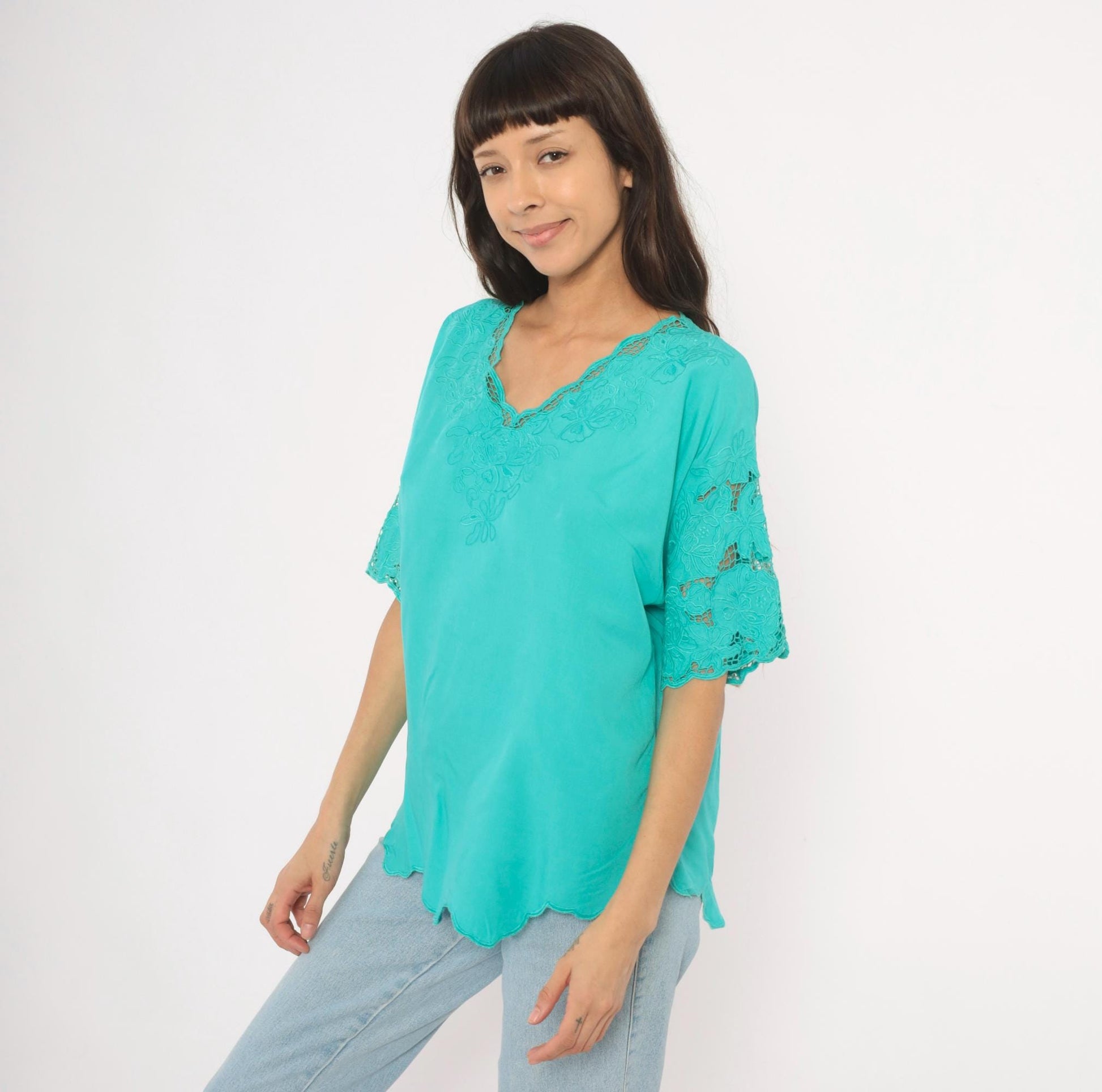 80s Bali Emerald Teal Cutwork Lace Blouse Floral Embroidered V-Neck