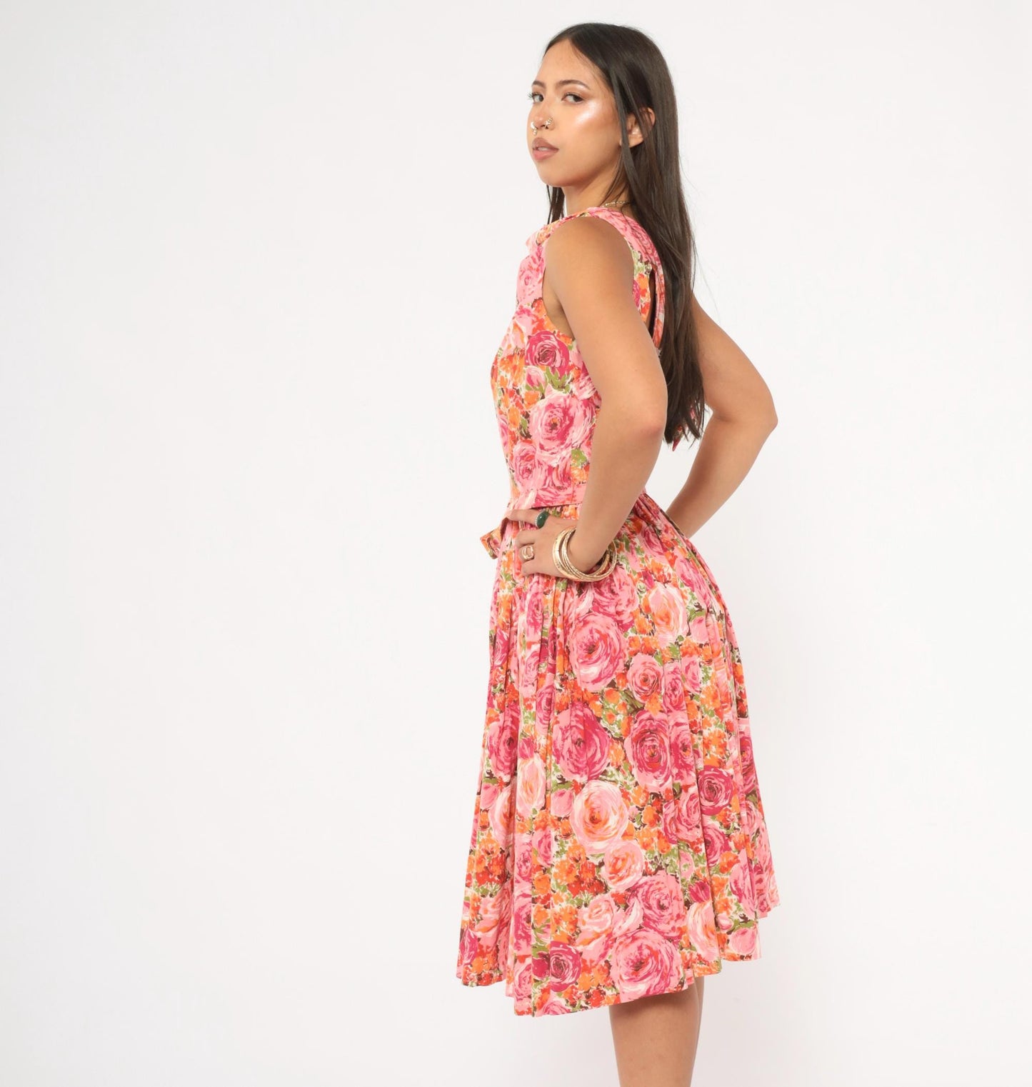 60s Kleinerts Rose Print Dress Pink Coral Floral Sleeveless Cotton Small