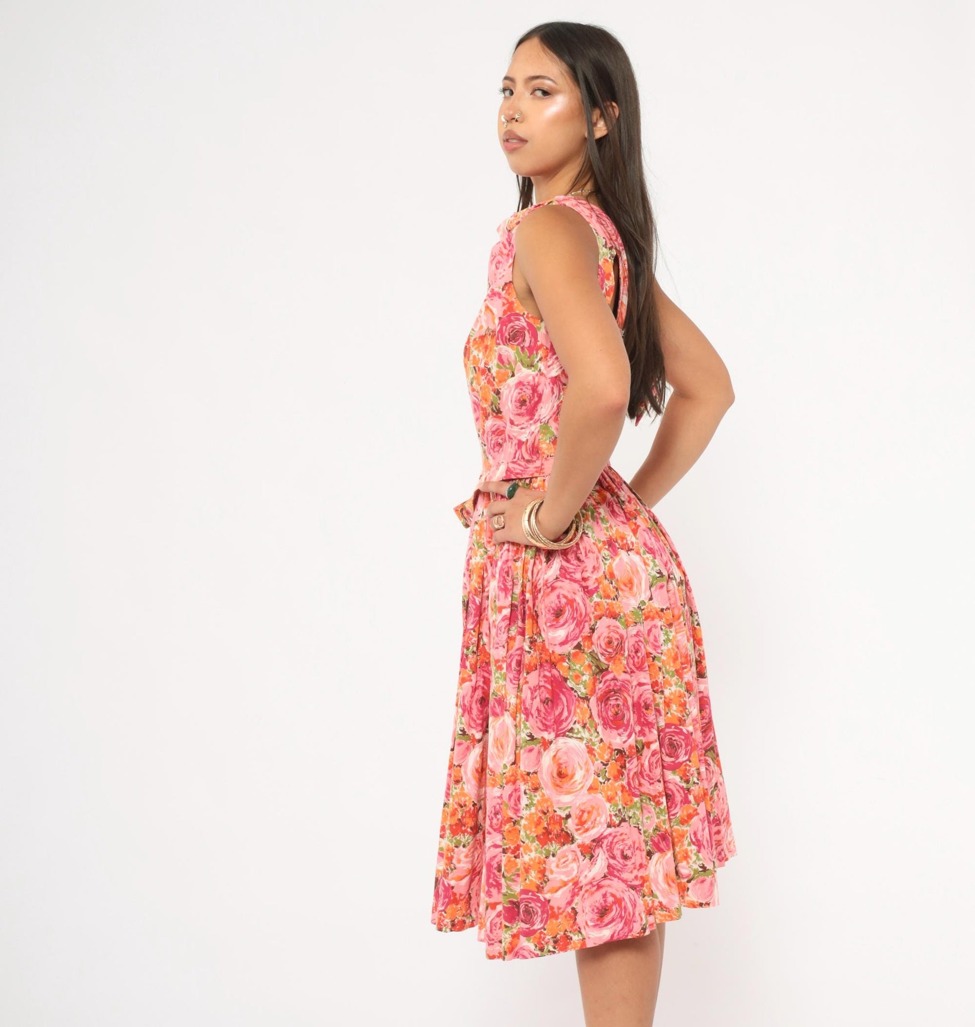 60s Kleinerts Rose Print Dress Pink Coral Floral Sleeveless Cotton Small