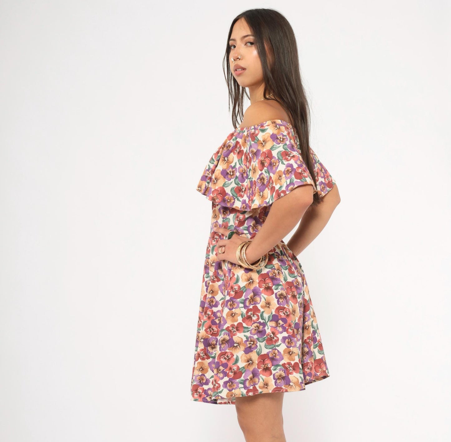 90s Rampage Pansy Floral Off-Shoulder Mini Dress Cream Small