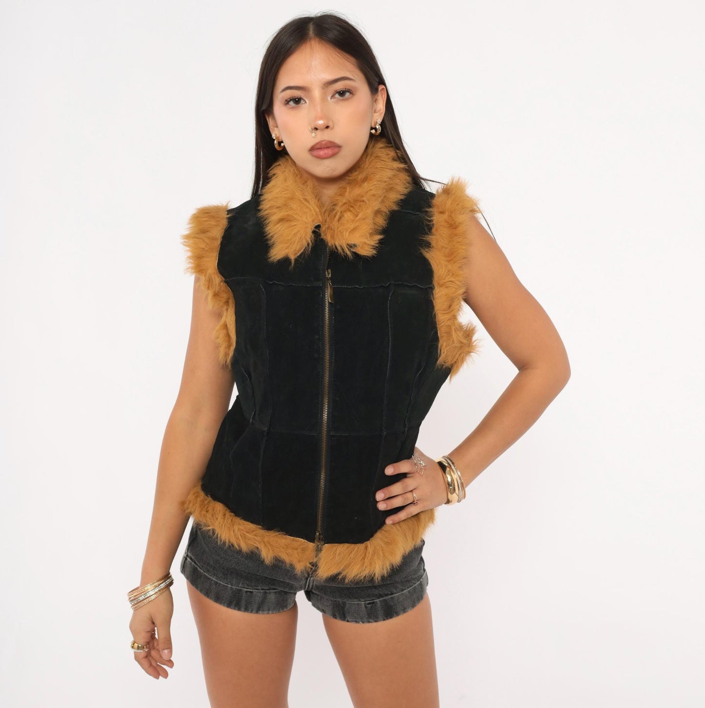 Y2K Jennyfer J Black Leather Vest Tan Faux Fur Trim Zip Front Medium