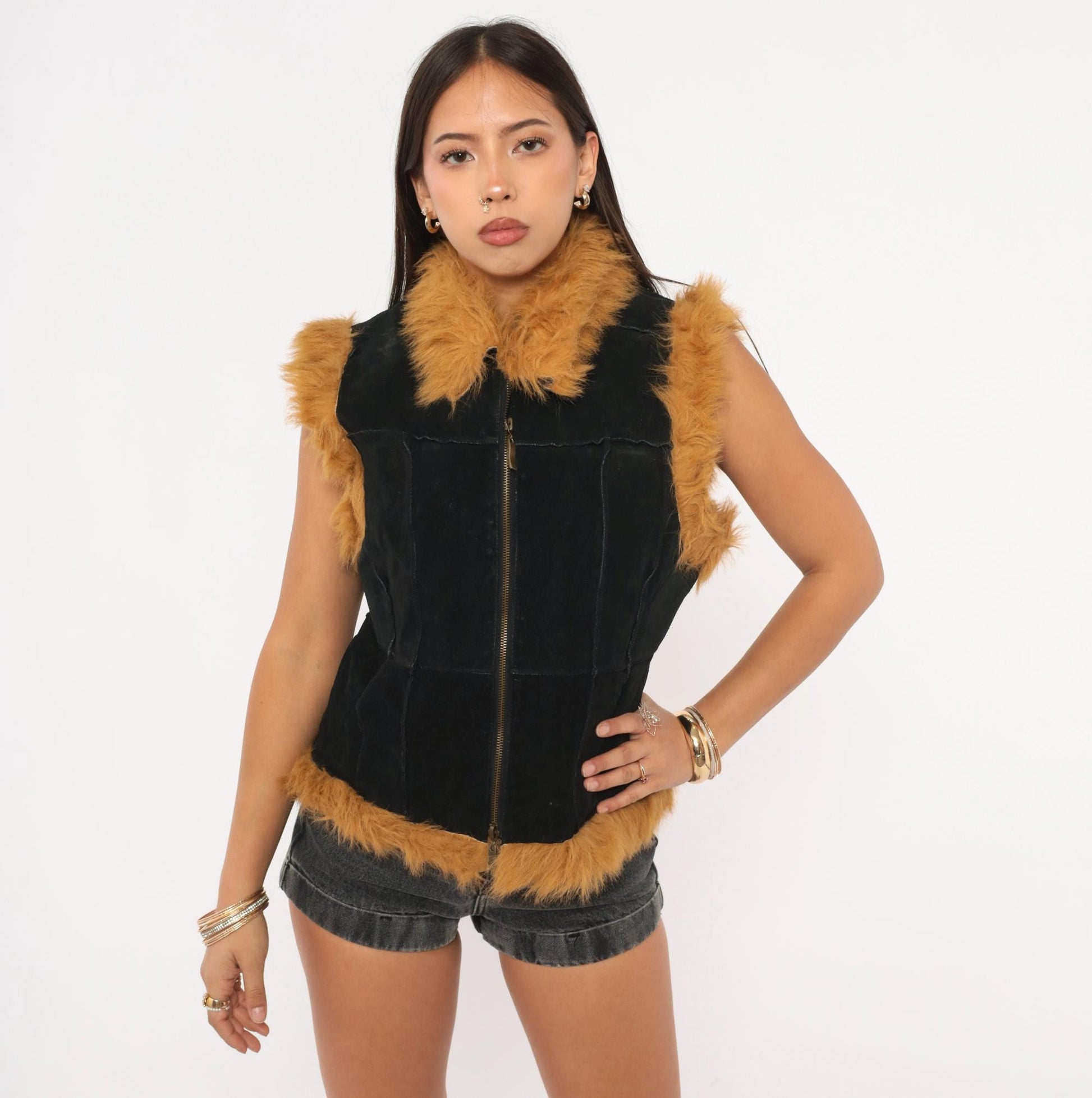 Y2K Jennyfer J Black Leather Vest Tan Faux Fur Trim Zip Front Medium