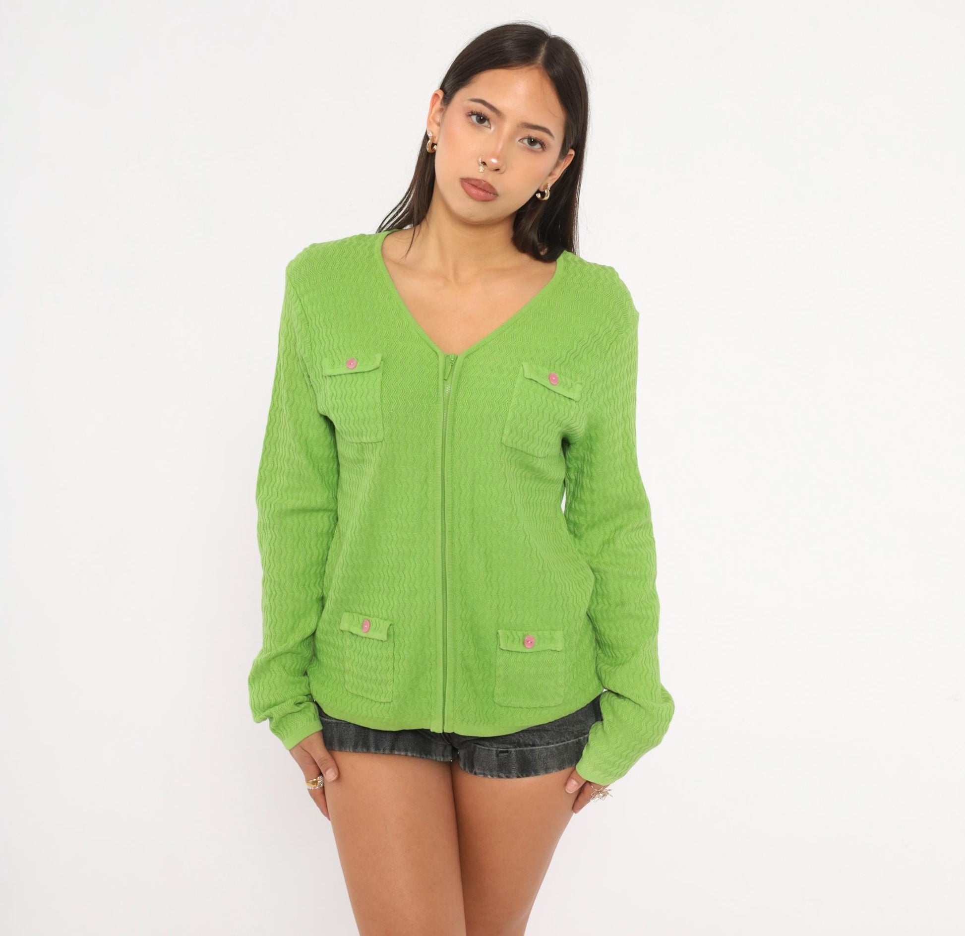 90s Sag Harbor Lime Green Chevron Cardigan Pink Button Pockets Medium M