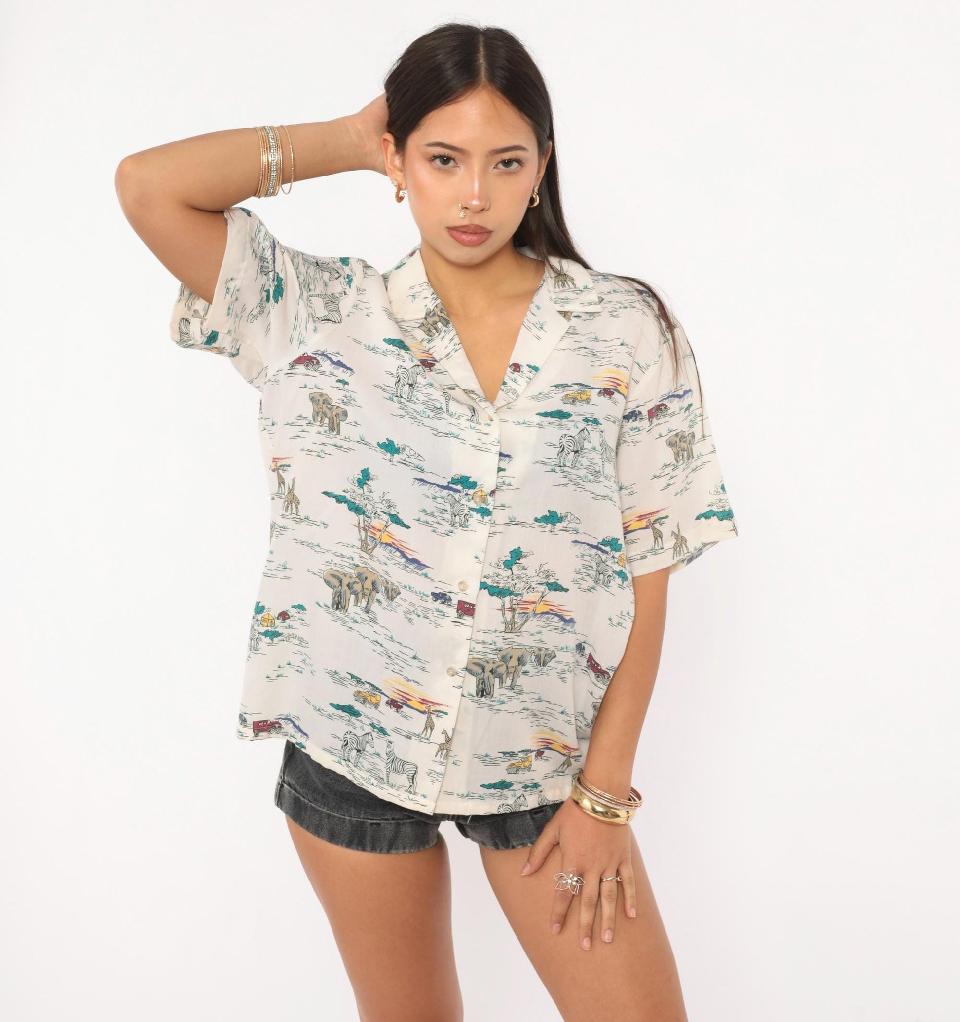 90s Cheryl Tiegs Safari Animal Print Camp Shirt Ivory Cream Large L