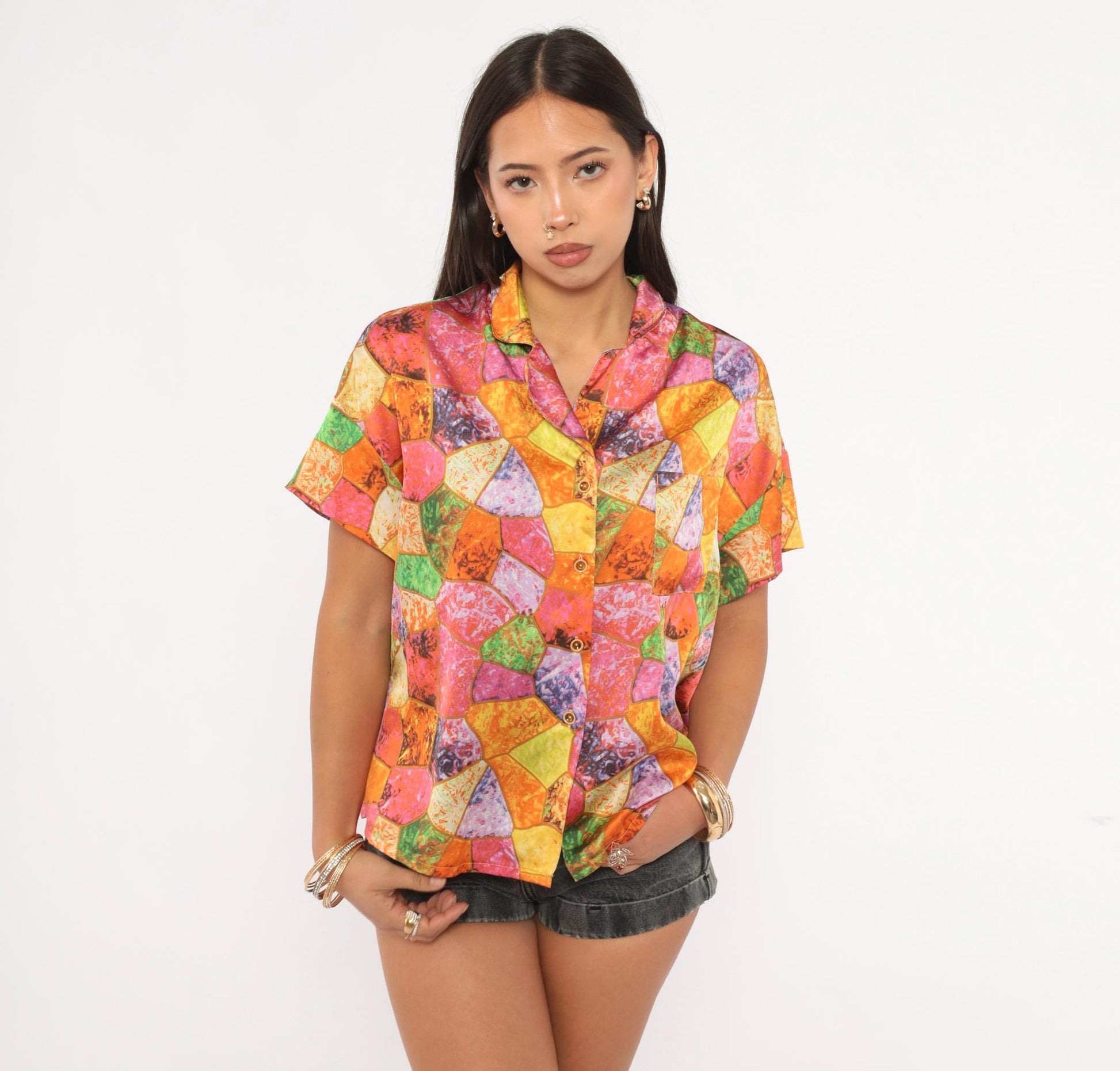 2000s Mosaic Stained Glass Camp Collar Shirt Geometric Blouse Large L