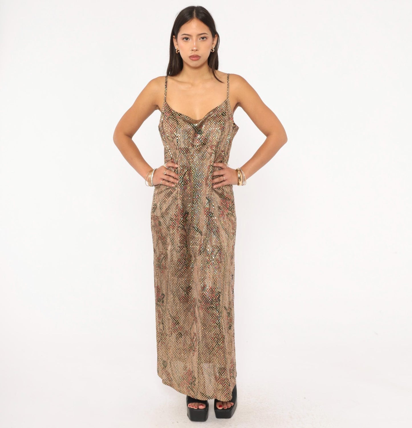 90s Metallic Shimmer Maxi Slip Dress Tan Burgundy Floral Gold Spaghetti Strap Large L