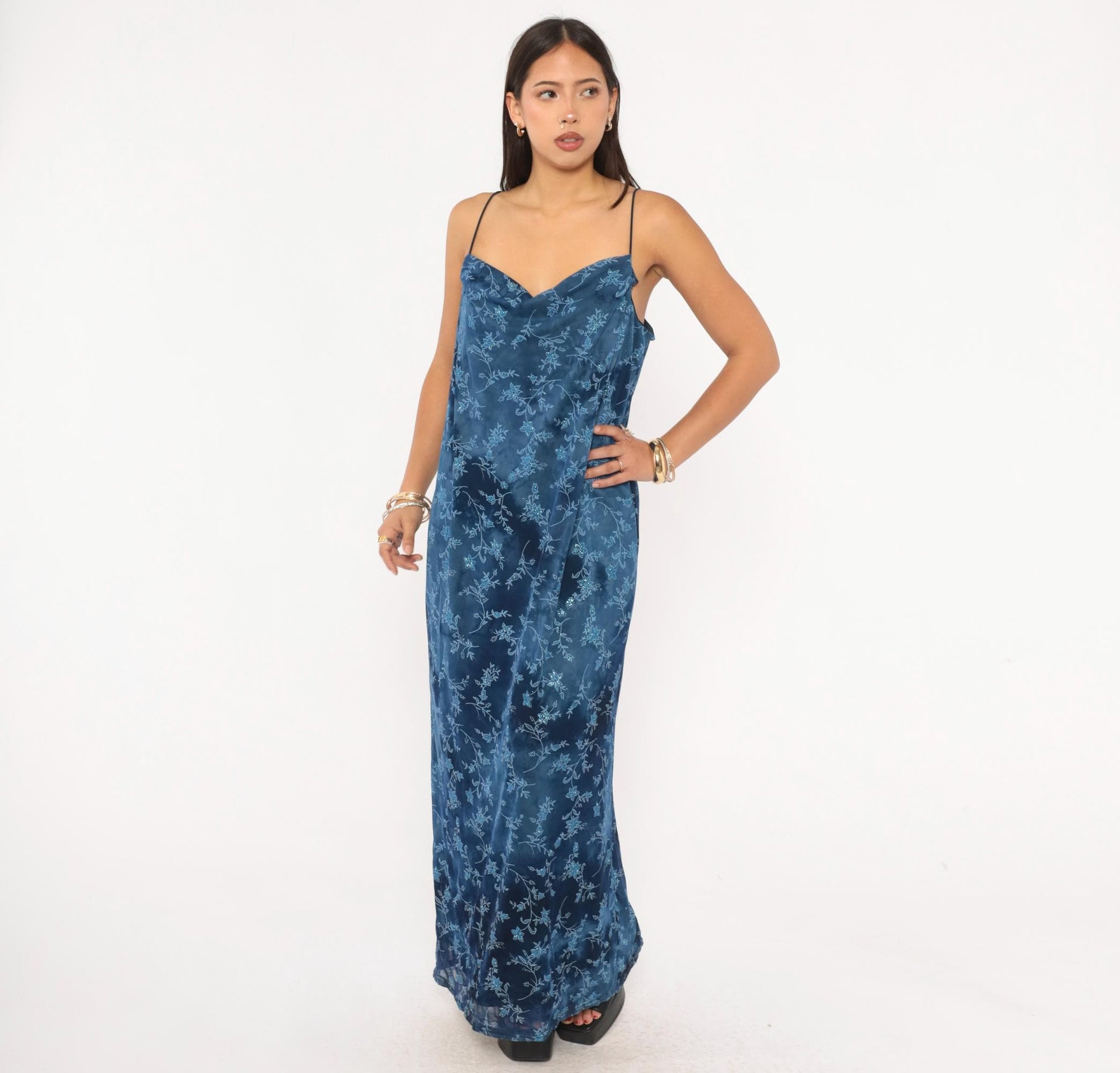 90s Jodi Michaels Navy Floral Maxi Slip Dress Glitter Sweetheart Neckline Large L