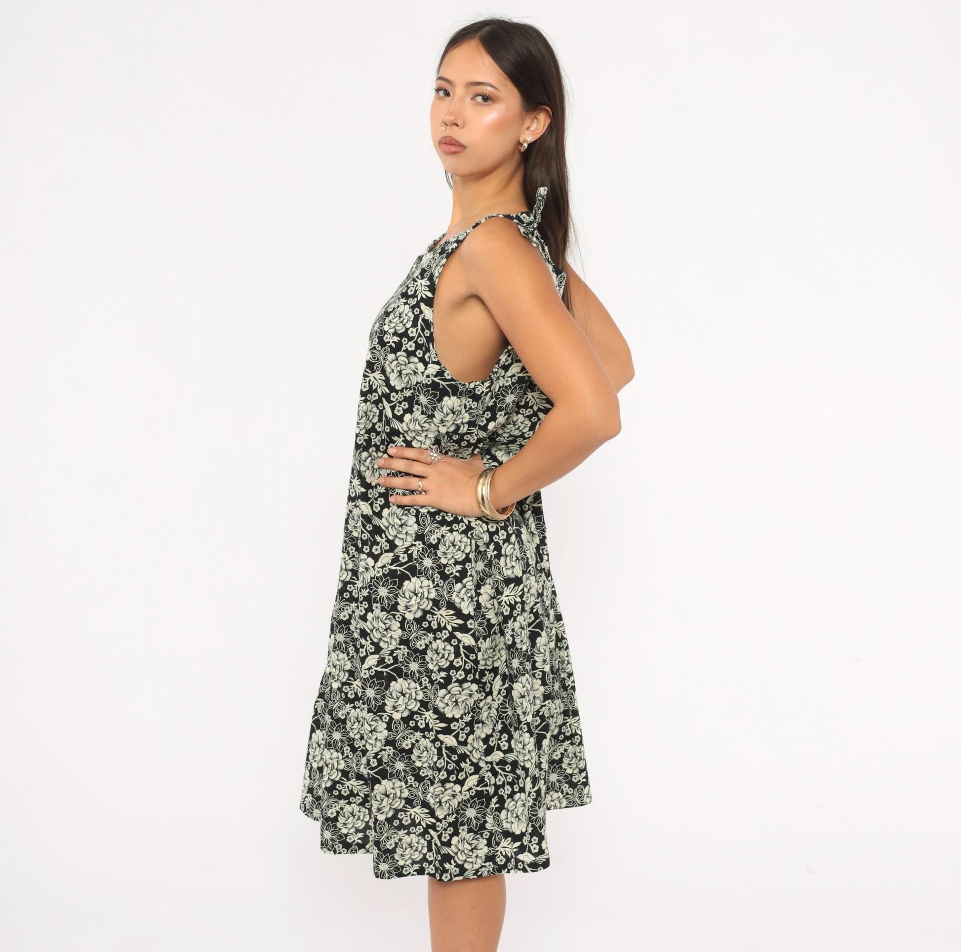 80s Floral Bird Print Sundress Black Cream Tie Shoulder A-Line Knee Length Medium M