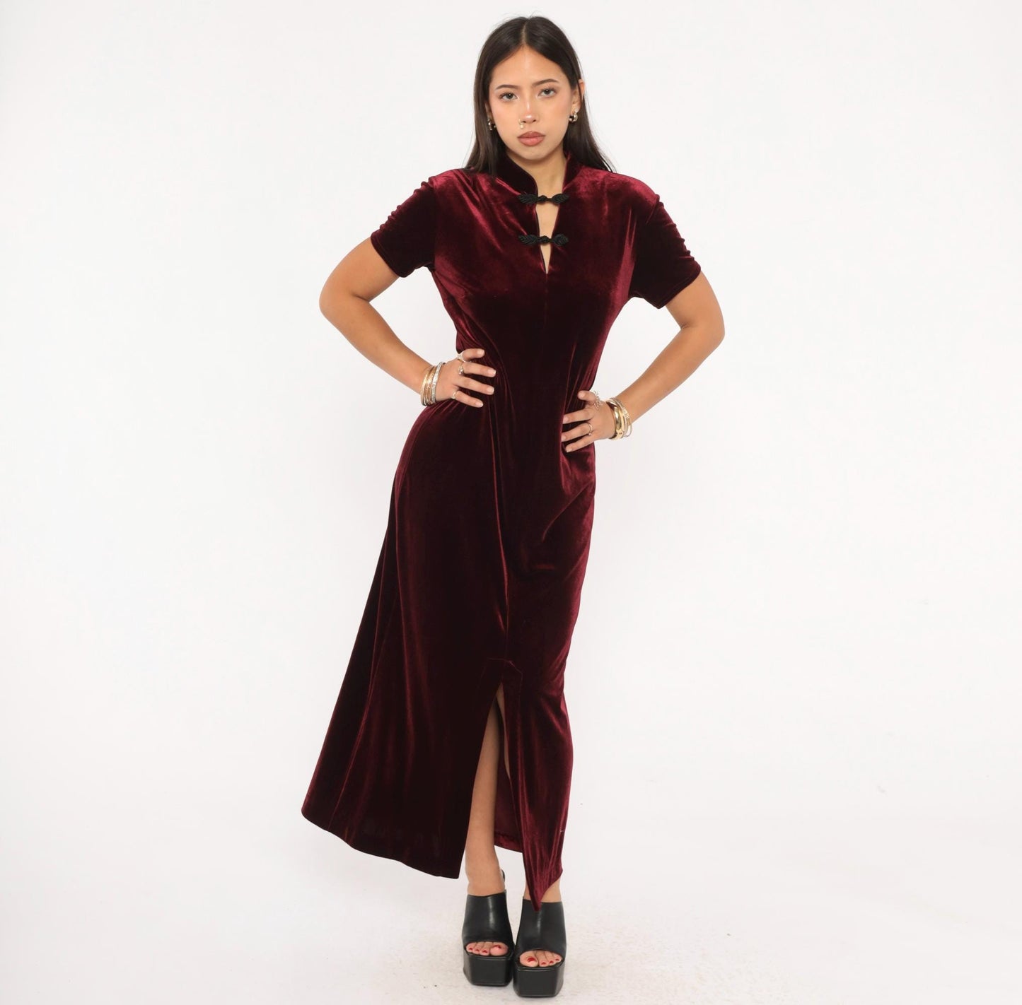 90s Dressing Clio Burgundy Velvet Cheongsam Maxi Dress Mandarin Collar Medium M