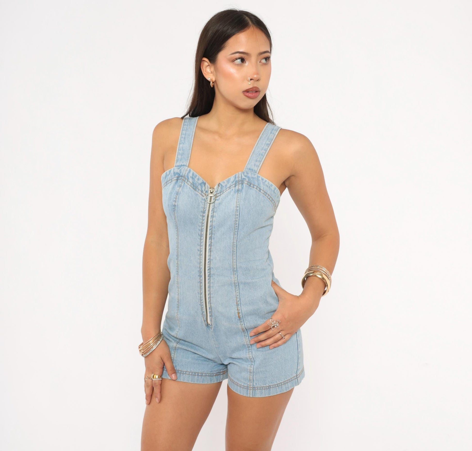 90s Pottery Denim Mini Romper Light Wash Sweetheart Neckline Extra Small XS