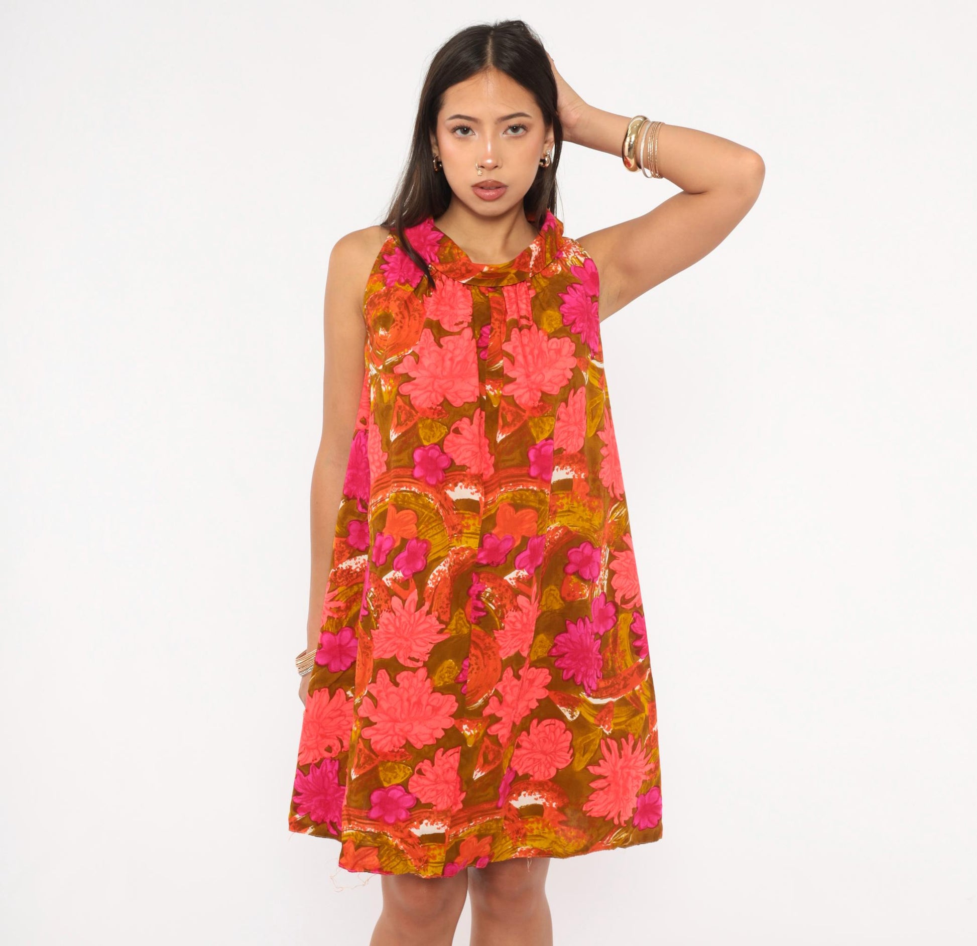 70s Psychedelic Floral Shift Dress Pink Magenta Cowl Neck Mini Cotton Small