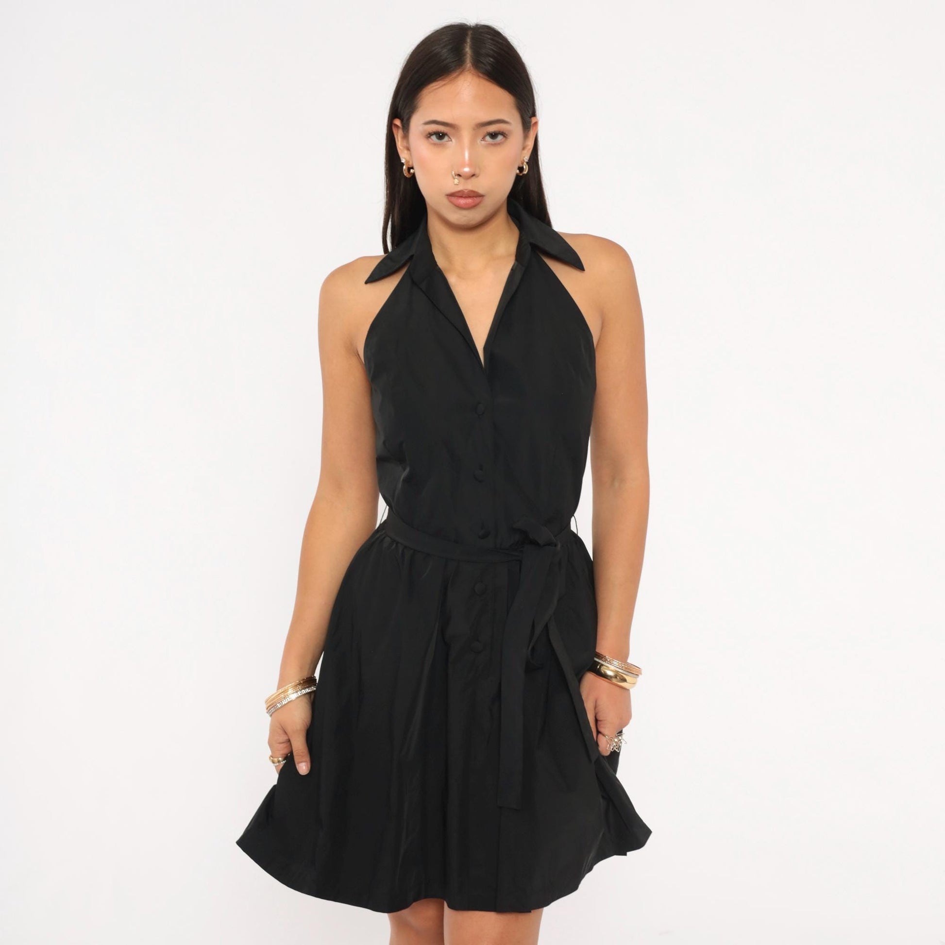 Calvin Klein Halter Mini Dress Black Button Front Open Back Tie Waist Extra Small XS