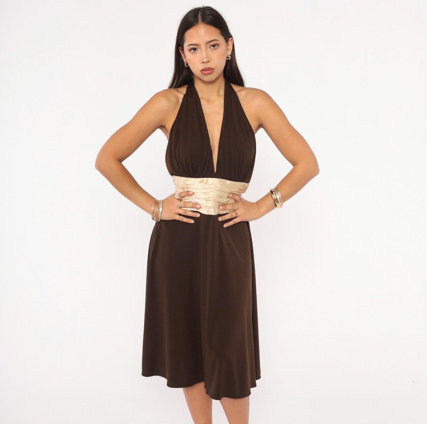 Maggy London Chocolate Halter Dress Silk Sash Deep V Open Back Knee Length Medium