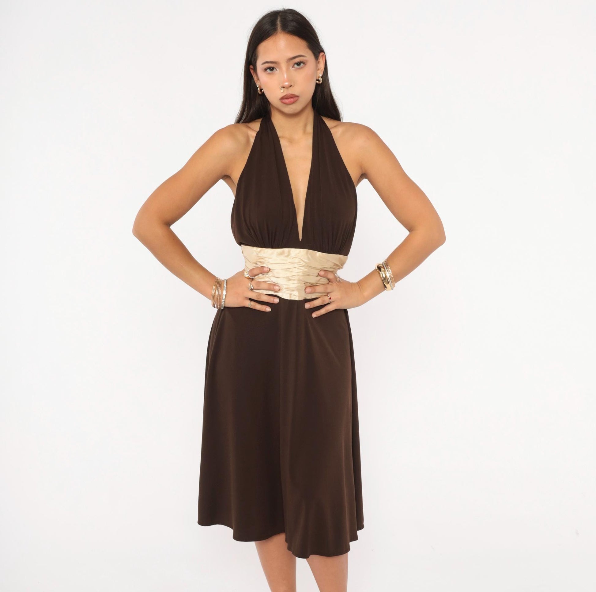 Maggy London Chocolate Halter Dress Silk Sash Deep V Open Back Knee Length Medium