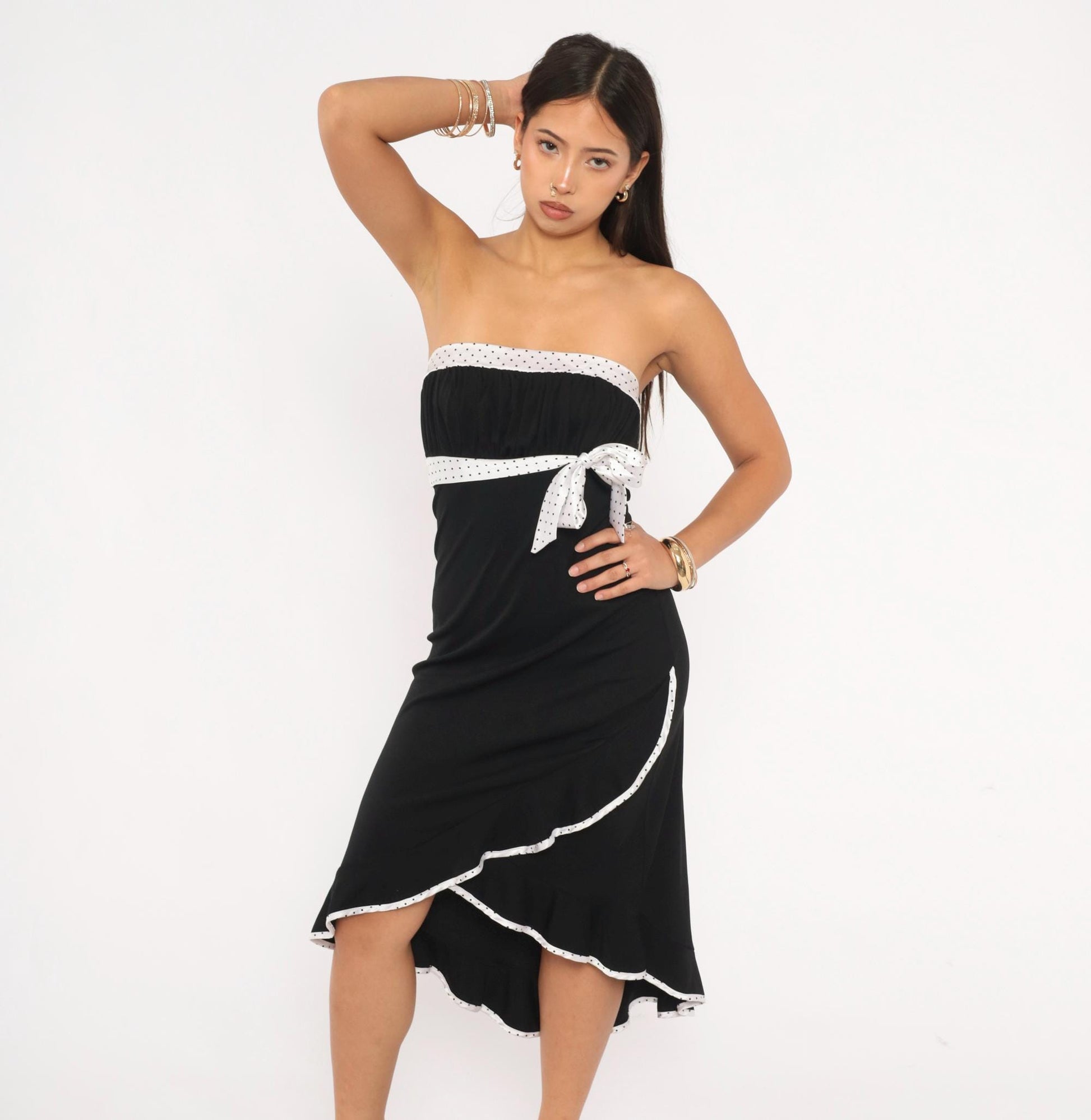 2000s Trixxi Black White Polka Dot Strapless Dress Ruffle Hem Medium M