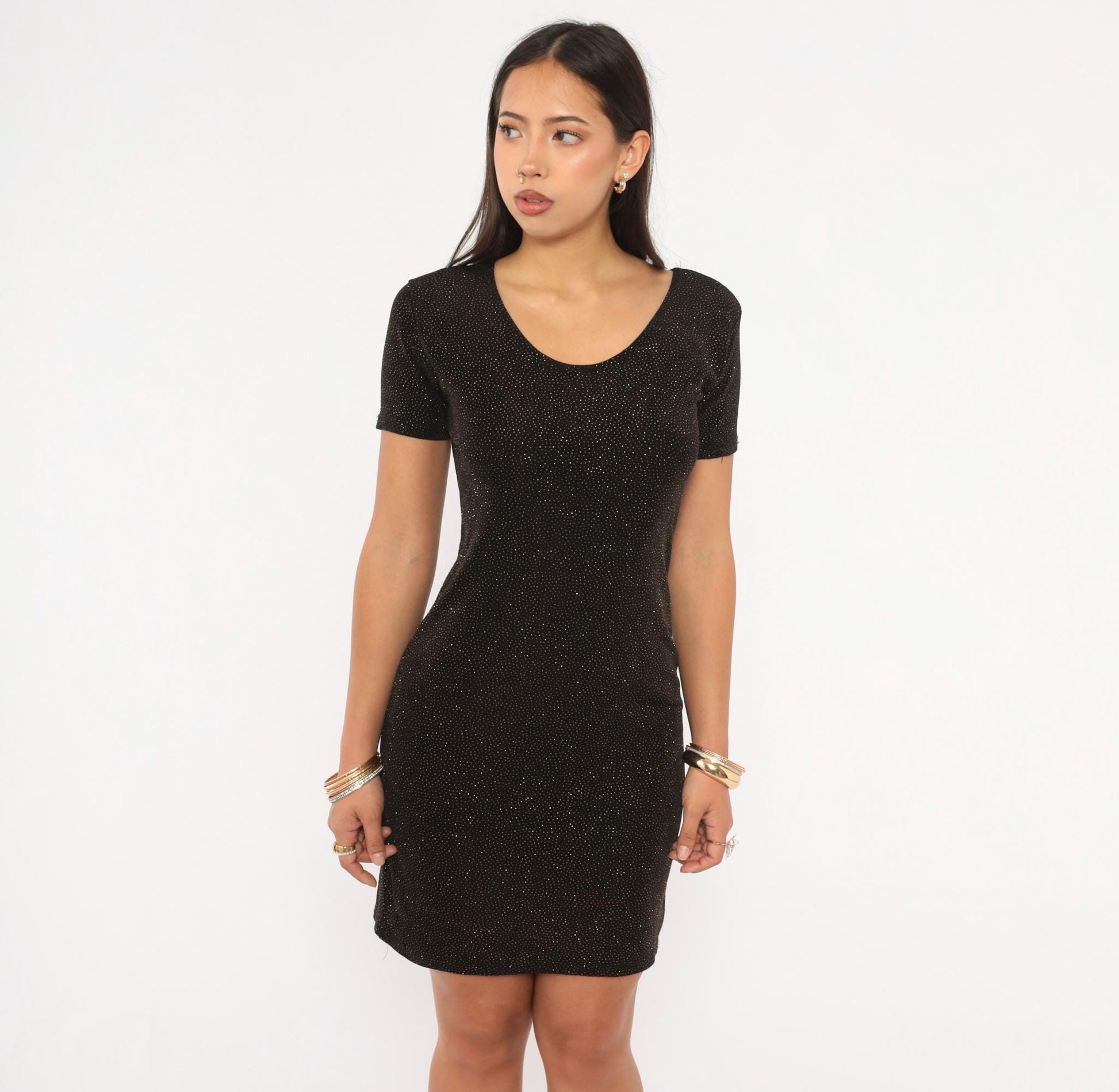 90s Novel-Tee Gold Glitter Black Bodycon Mini Dress Short Sleeve Large L