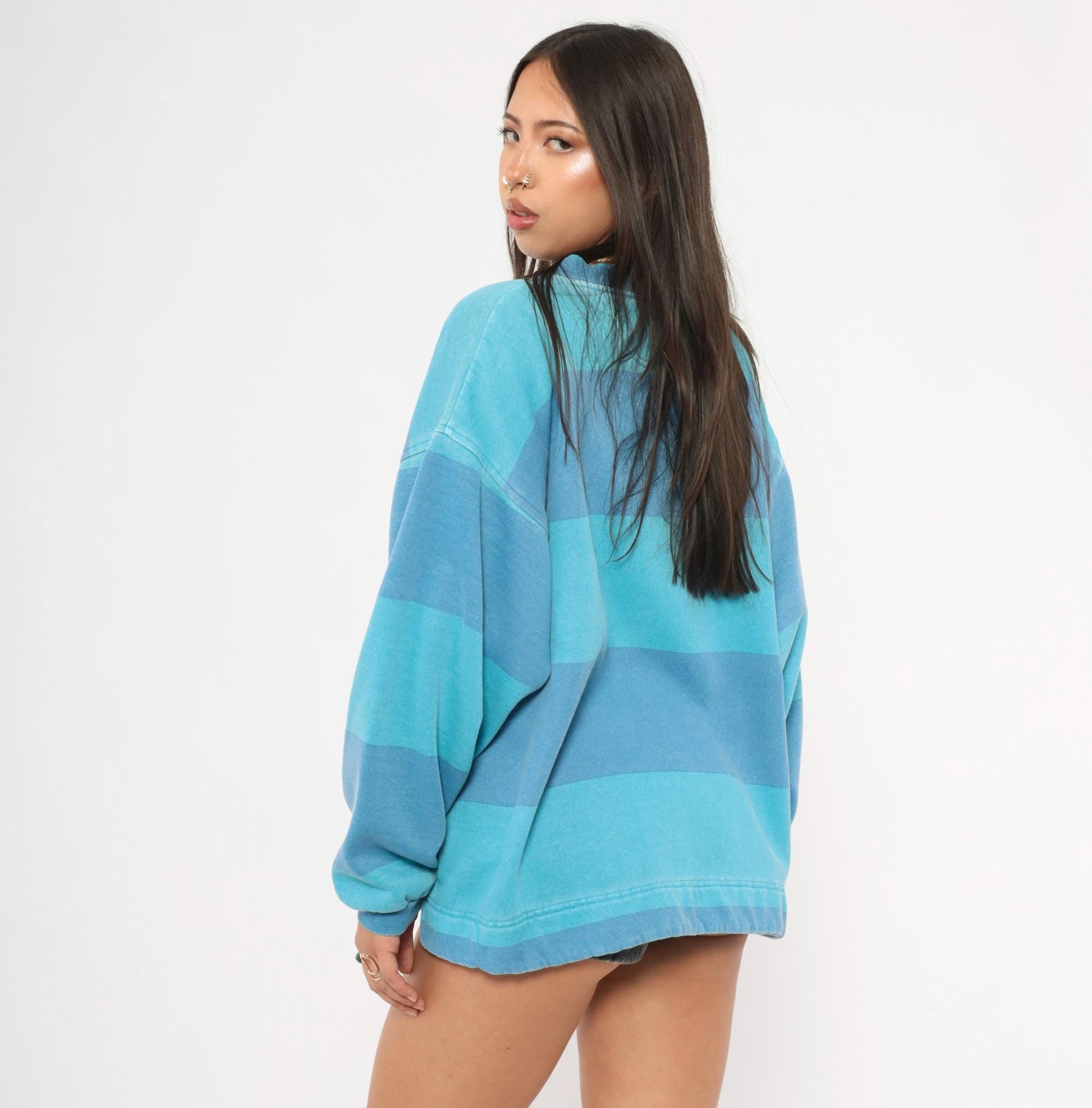 90s Permit Sportswirt Striped Henley Sweatshirt Blue Teal Colorblock Large L