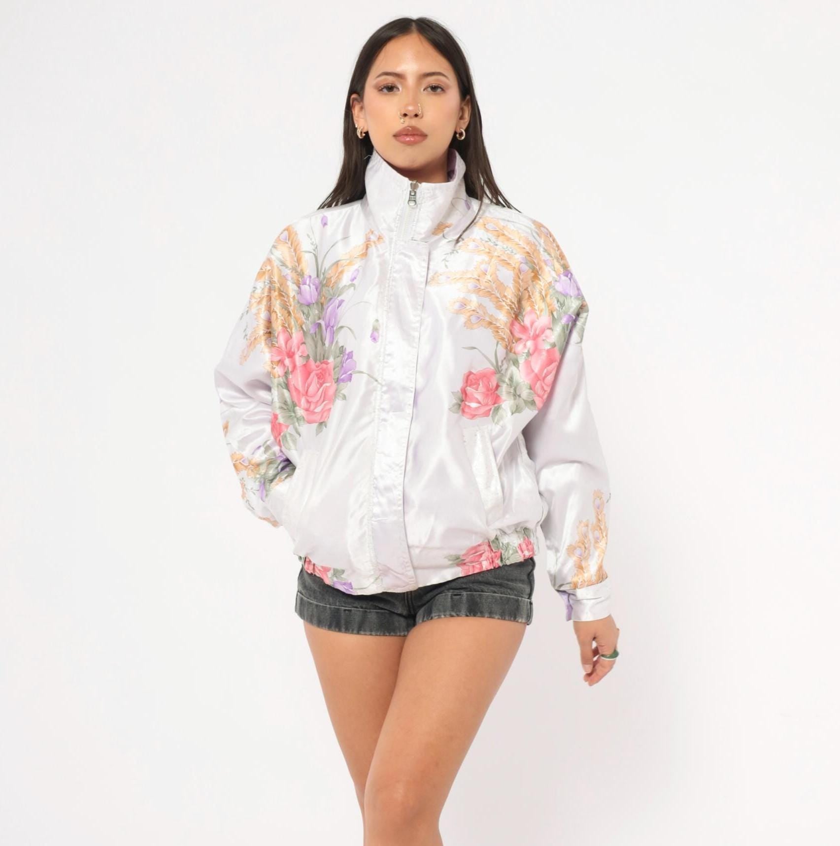 90s White Satin Floral Bomber Jacket Pink Purple Gold Roses Irises Medium M