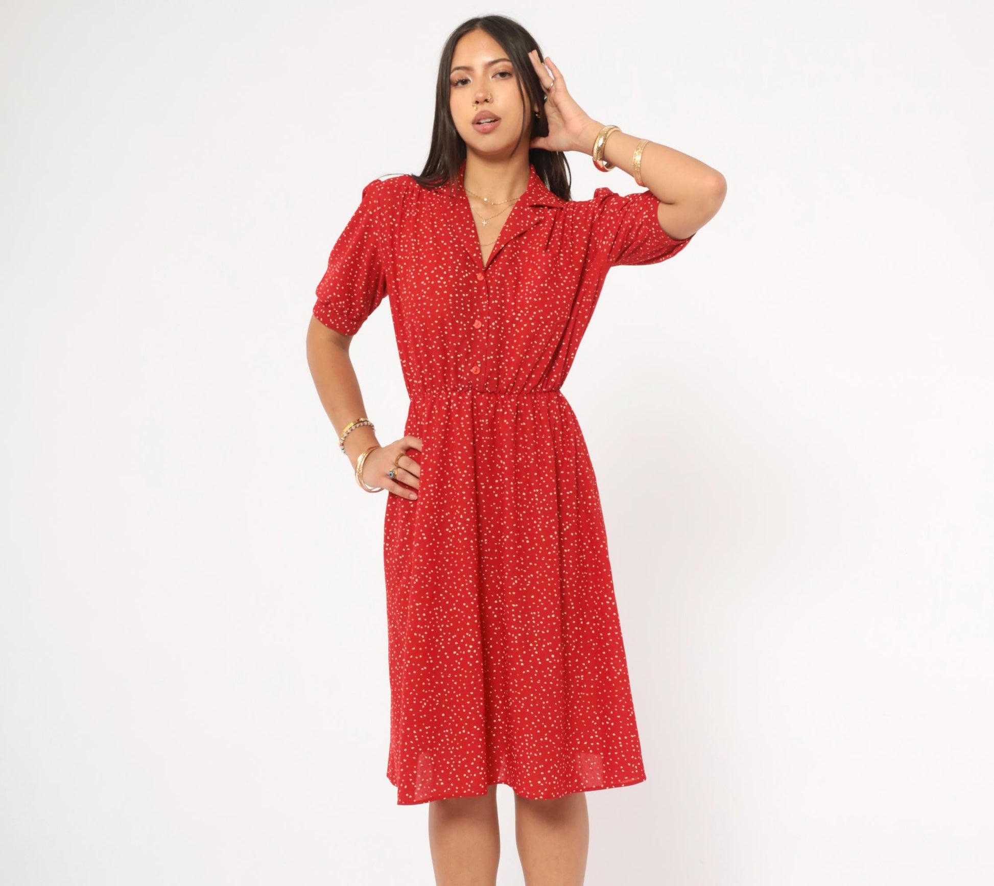 80s Red Speckled Dot Shirtdress White Print Puff Sleeve Knee Length Small