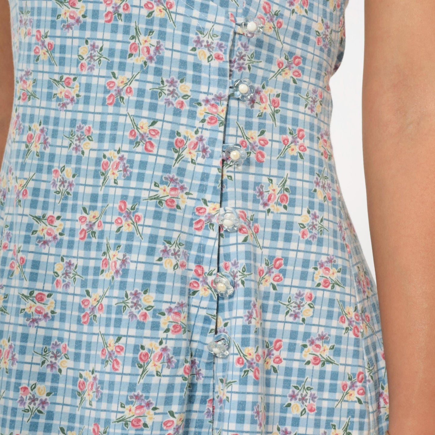 90s Blue Gingham Floral Playsuit Romper Mini Sleeveless Small S