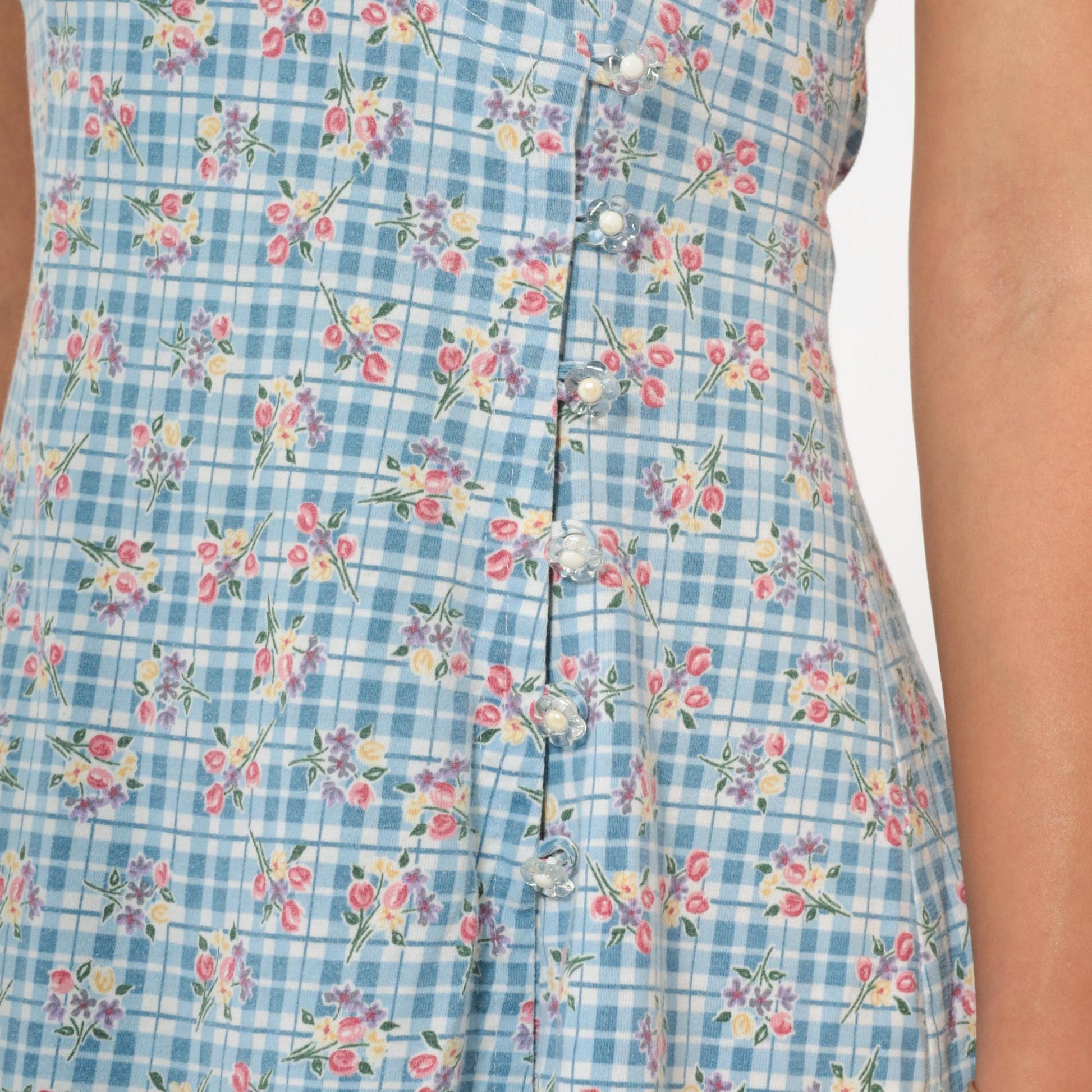 90s Blue Gingham Floral Playsuit Romper Mini Sleeveless Small S