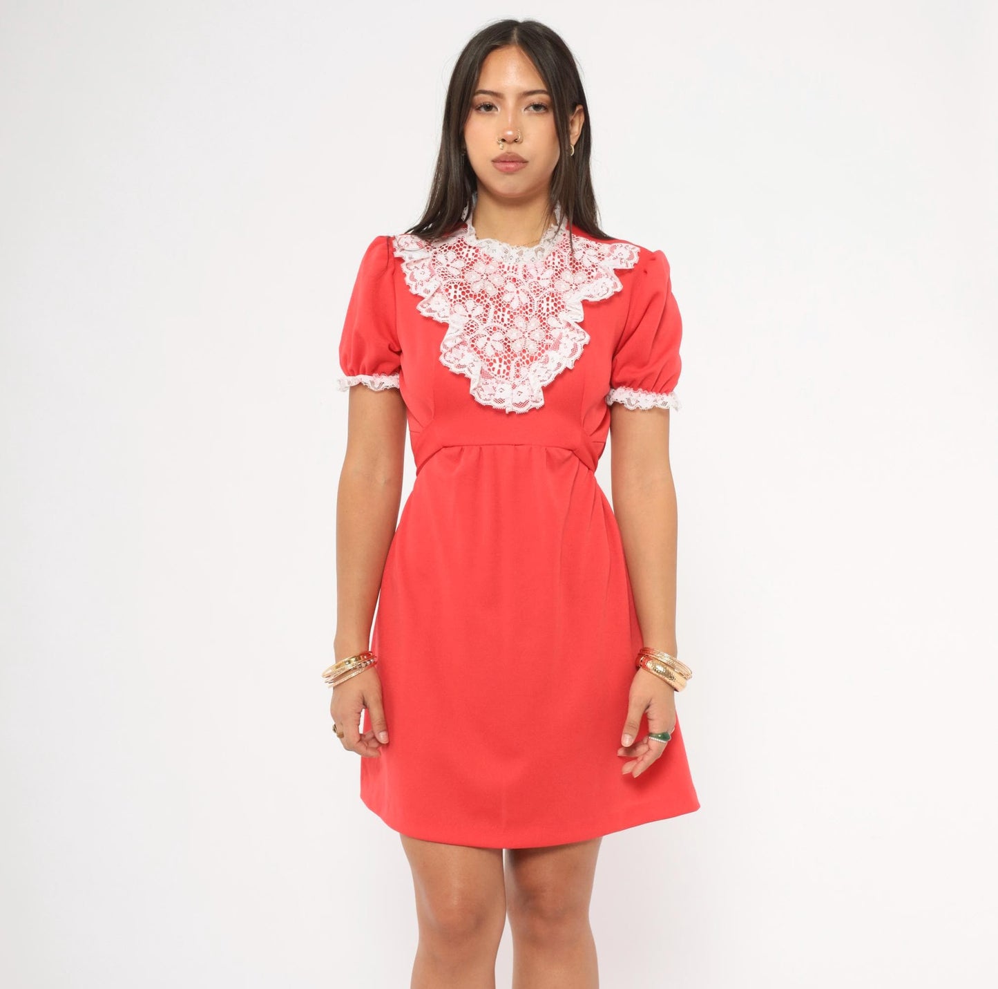 70s Red Mini Dress White Lace Bib Puff Sleeve A-Line Small S