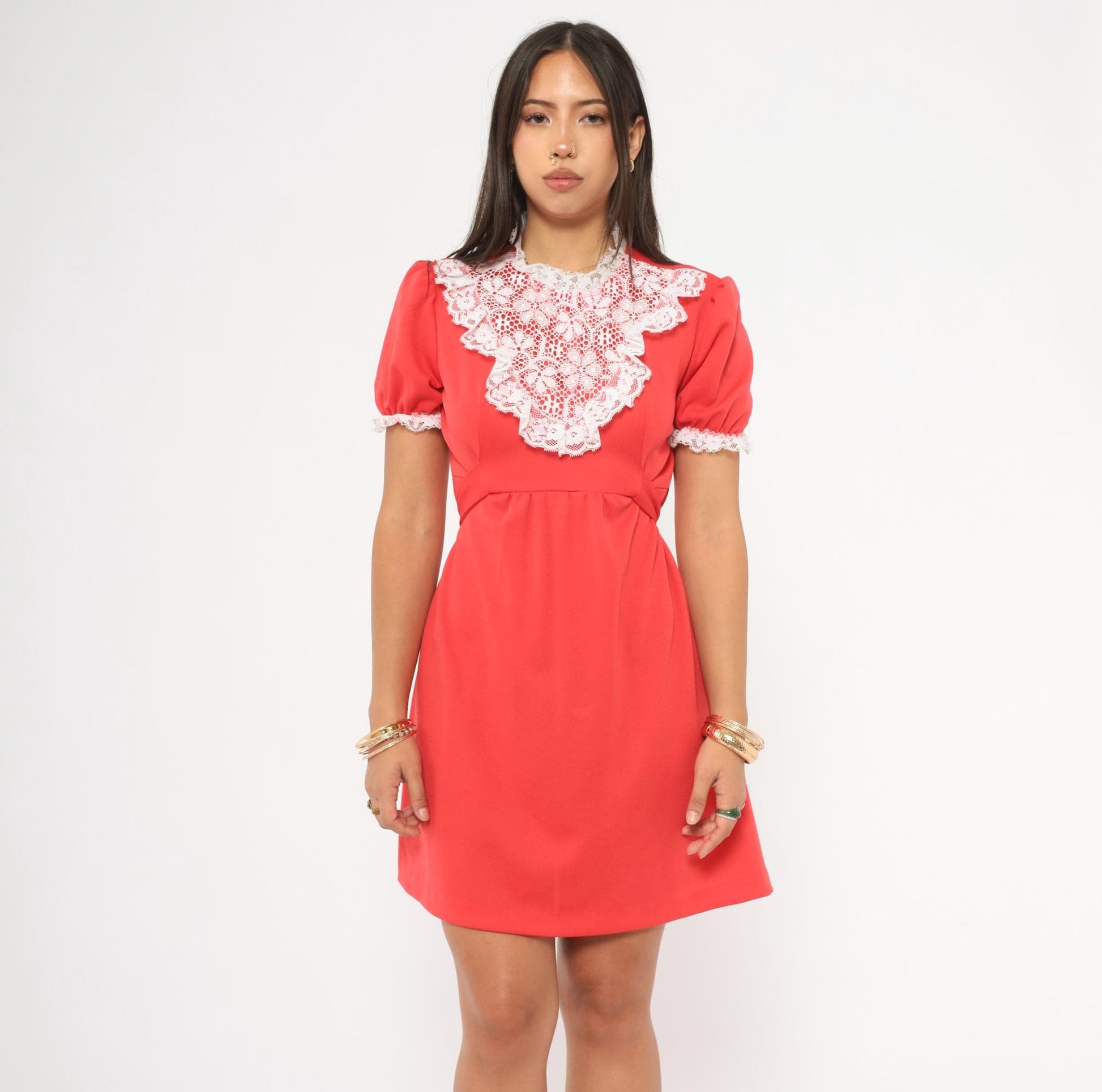 70s Red Mini Dress White Lace Bib Puff Sleeve A-Line Small S