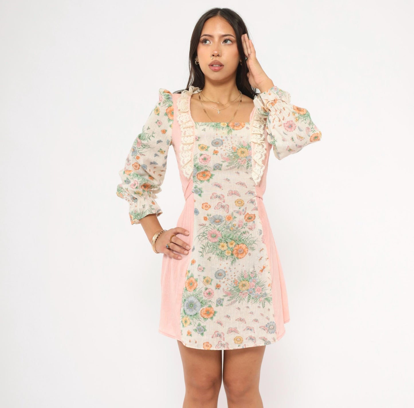 70s Floral Butterfly Mini Dress Pink Cream Puff Sleeve Square Neck Cotton Small