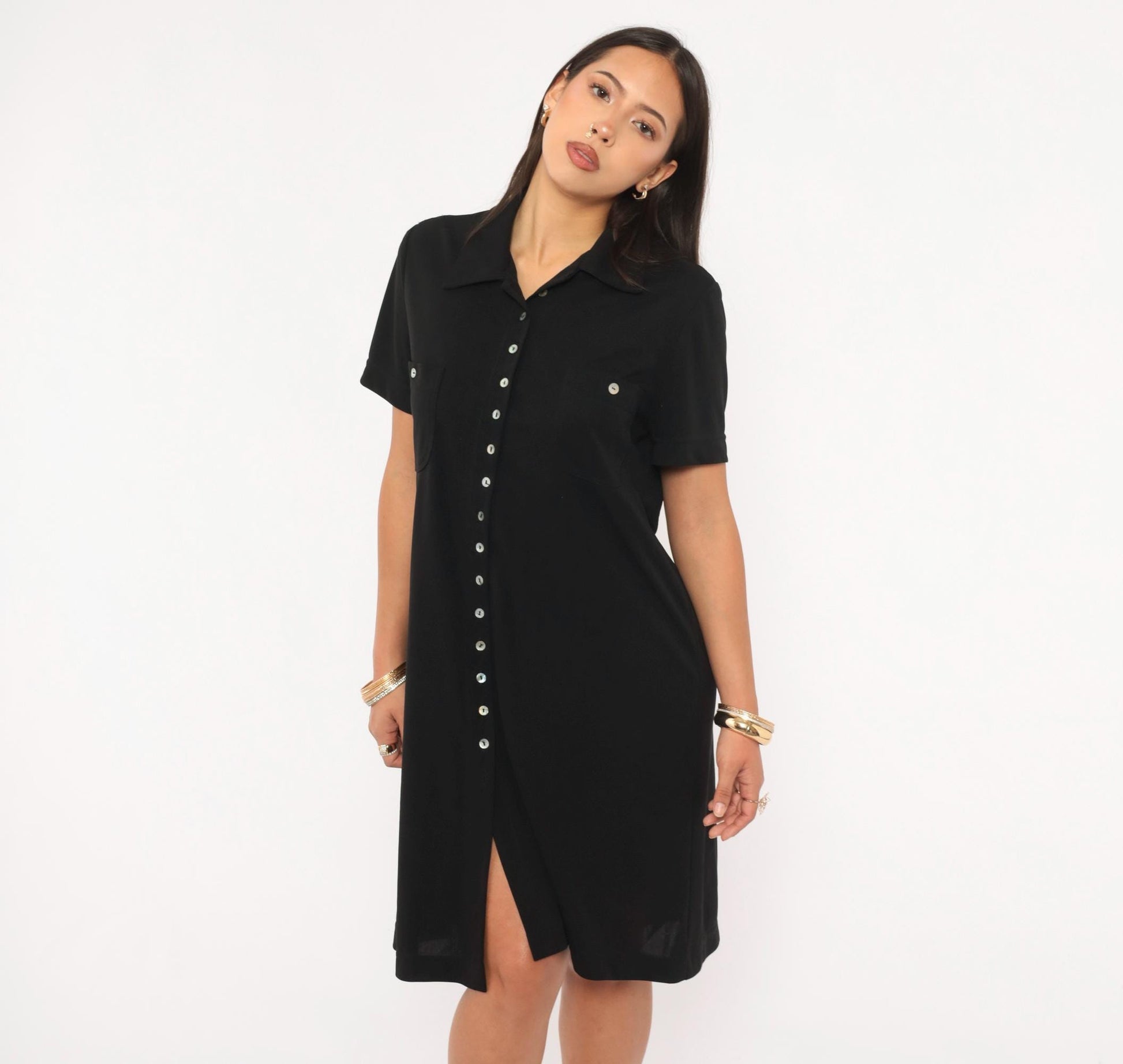 90s Jessica Howard Black Shirt Dress Button Front Collar Knee-Length Medium M