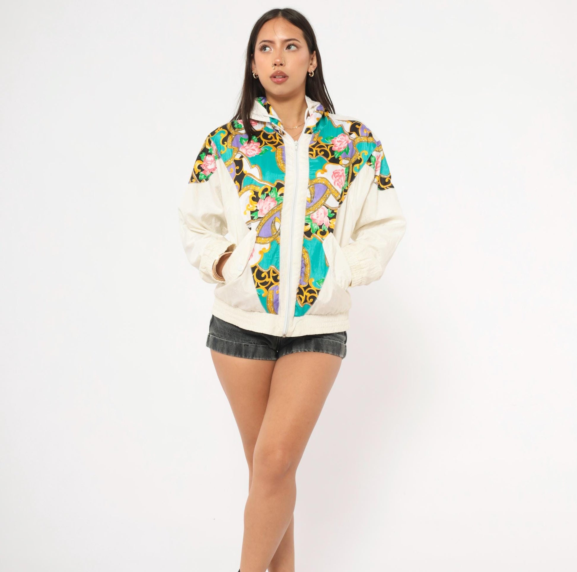 90s Sunterra Petite Baroque Rose Windbreaker Jacket Teal Gold Purple Pink Small
