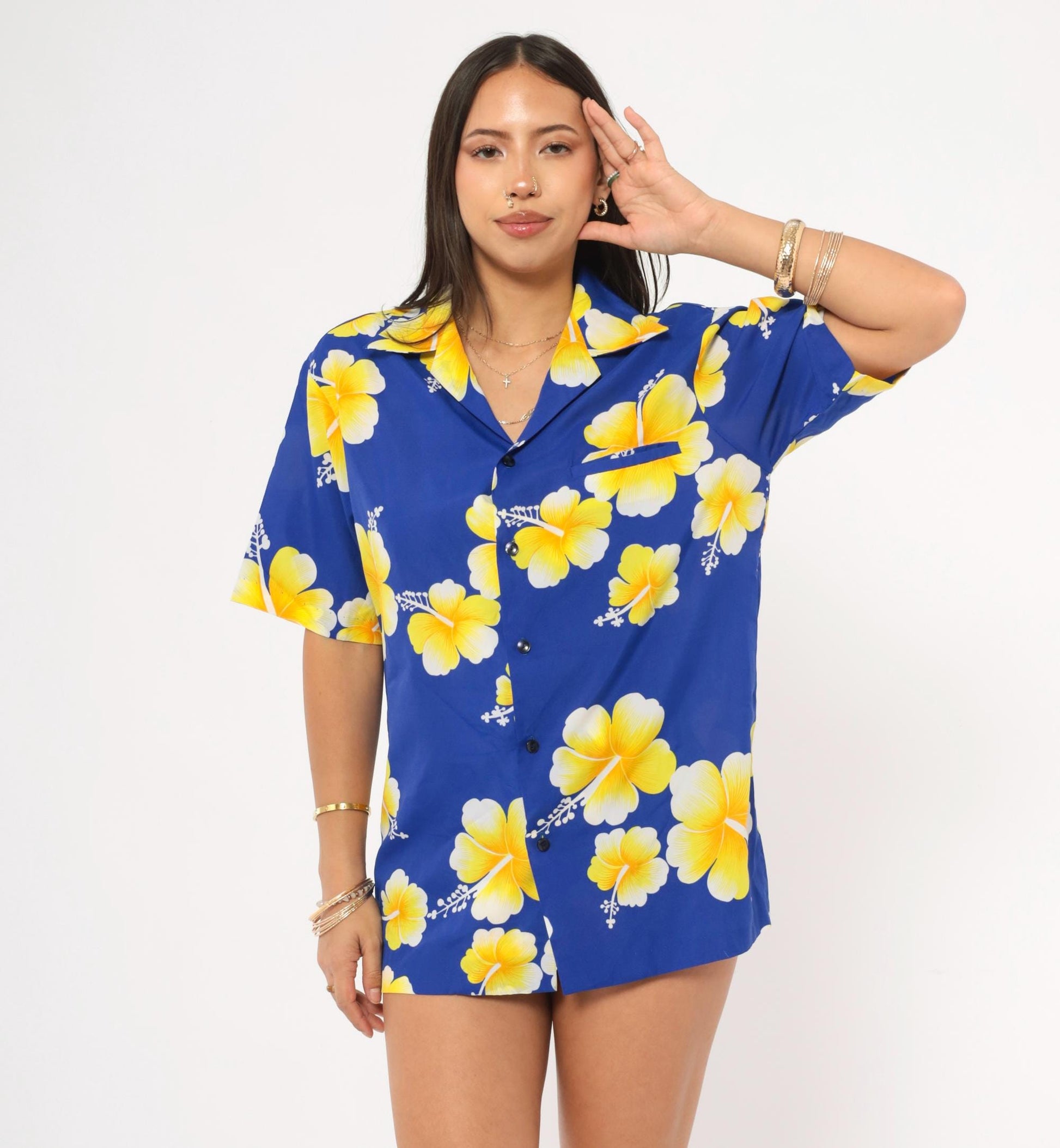 90s Hawaiian Hibiscus Camp Collar Shirt Cobalt Blue Yellow Floral Medium